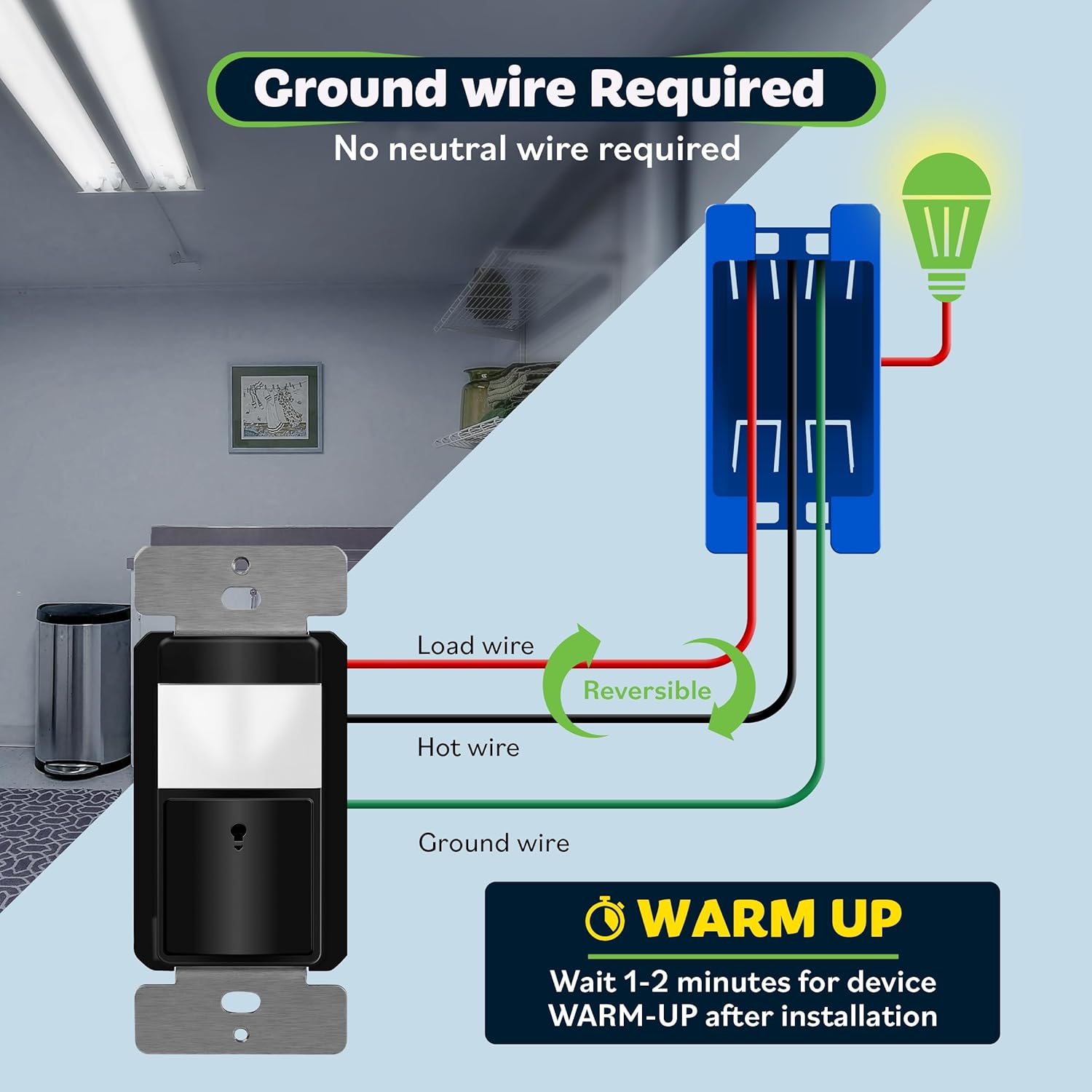 TOPGREENER PIR Motion Sensor Switch, Ambient Light Level Detector, No Neutral Required, 5A, 150W LED/CFL, 1/6 HP, Occupancy Vacancy Modes, Ground Wire Required, Single Pole, TDOS5-JM, Black
