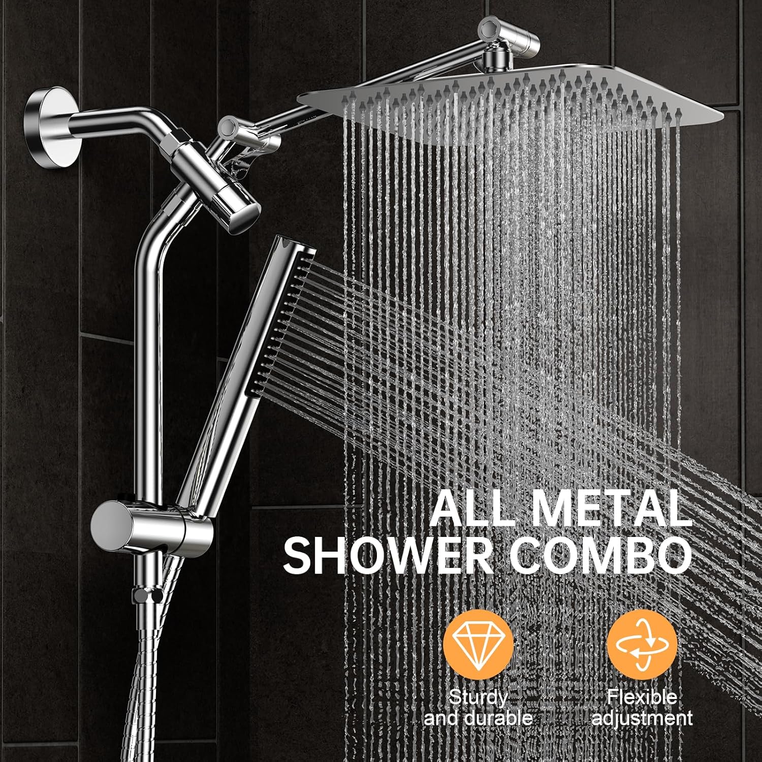 Veken 10'' All Metal Rain Shower Head with Handheld Spray Combo, Hand Held Bathroom Showerhead Combo with Extension Arm, Dual shower with Power Wash, Adjustable Rainfall Shower Head, Chrome