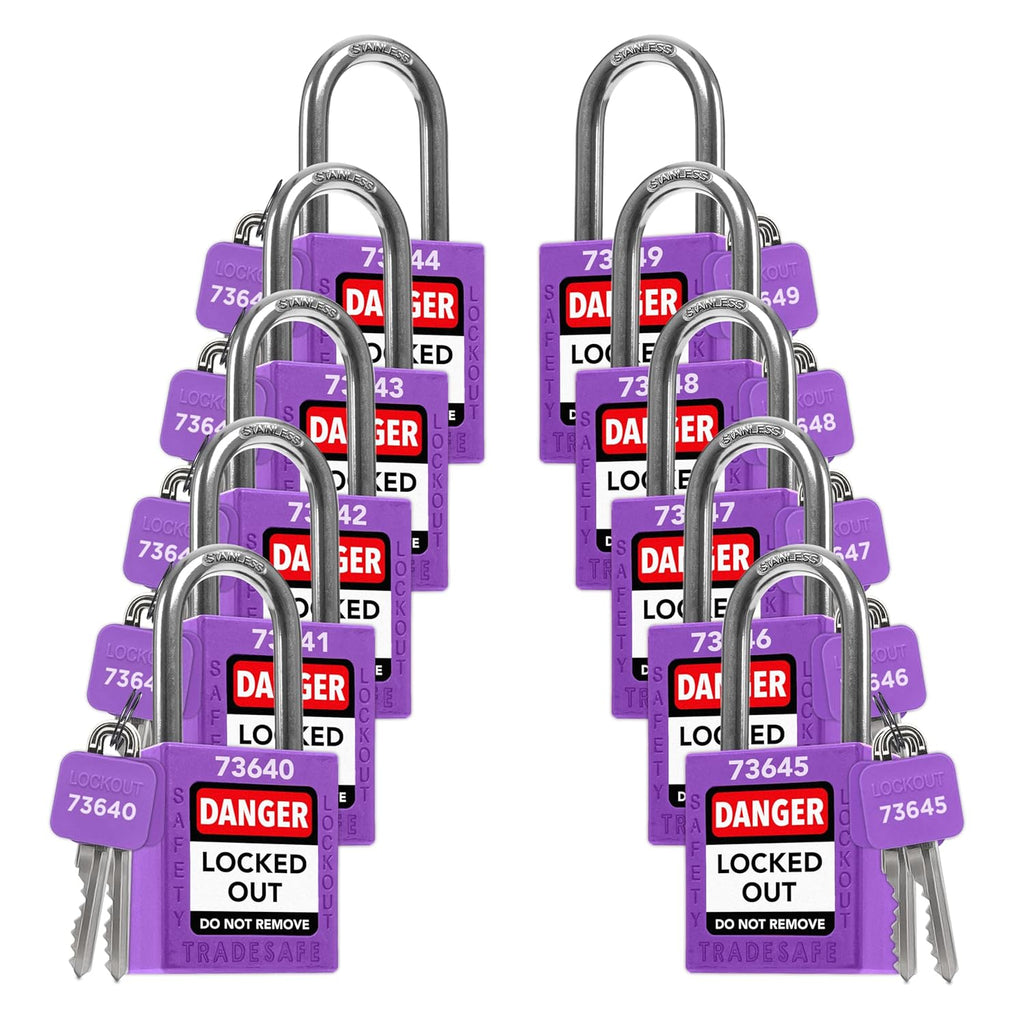 TRADESAFE Lockout Tagout Locks Set - 10 Purple Loto Locks, Lockout Locks Keyed Different, 2 Keys Per Lock, OSHA Compliant Lock Out Tag Out Padlocks, Safety Padlocks for Electrical Lockout Tag Out Kits