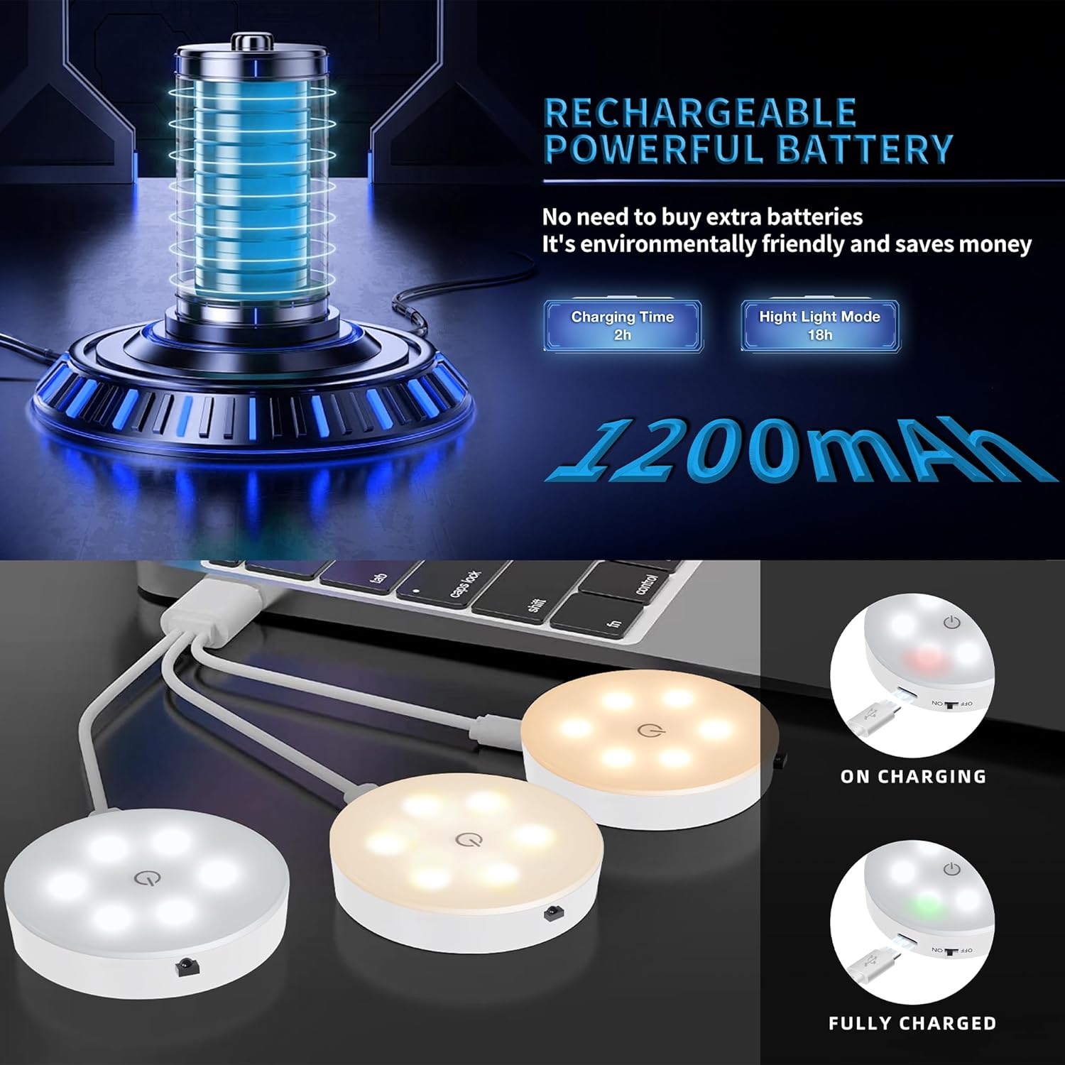 Puck Lights with Remote Control, Under Cabinet Lighting with Magnetic, Cordless, 1200mAh Rechargeable Stick On Lights for Under Cabinet, Hallway, Stairway, Closet (Warm White, 6pcs)