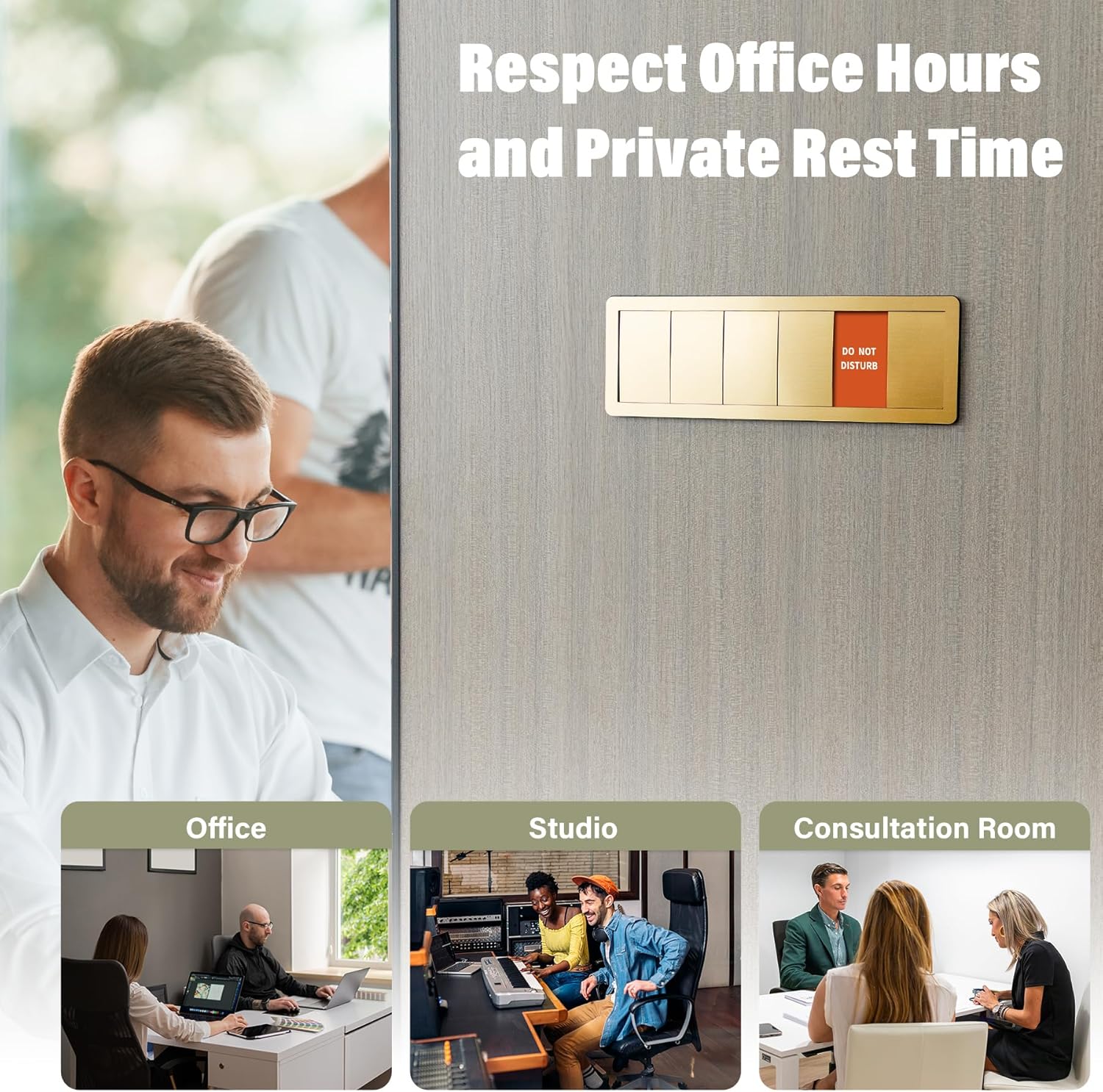 Office Door Signs -6 Options Do Not Disturb, In A Meeting, Out Of Office, Working Remotely, Back Soon Please Knock,Privacy Door Slider Sign for Meeting & Conference Room Brushed Gold