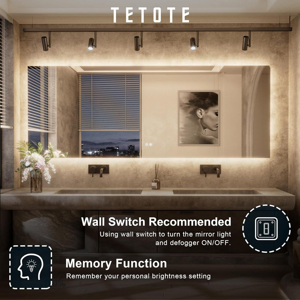 TETOTE 24 x 36 Inch LED Backlit Bathroom Mirror with Lights, 3Color White/Warm/Natural, Anti-Fog Lighted Mirror,Dimmable,Vanity Mirror,Wall Mounted