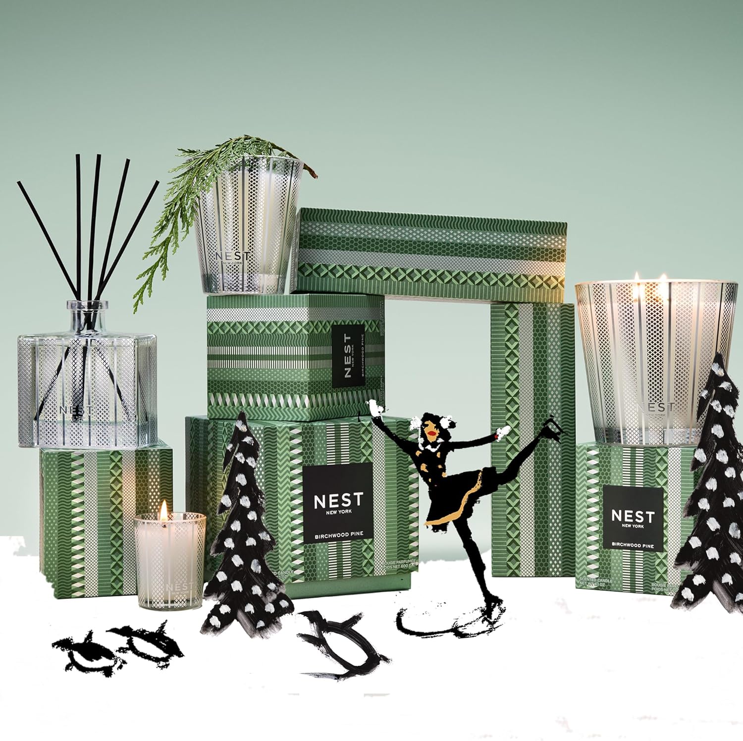 NEST New York Christmas Tree Reed Diffuser, Birchwood Pine - 5.9 fl oz - Fragrance for Up to 90 Days - Reusable, Refillable Glass Holder - Includes 8 All-Natural Reed Sticks - Flame Free