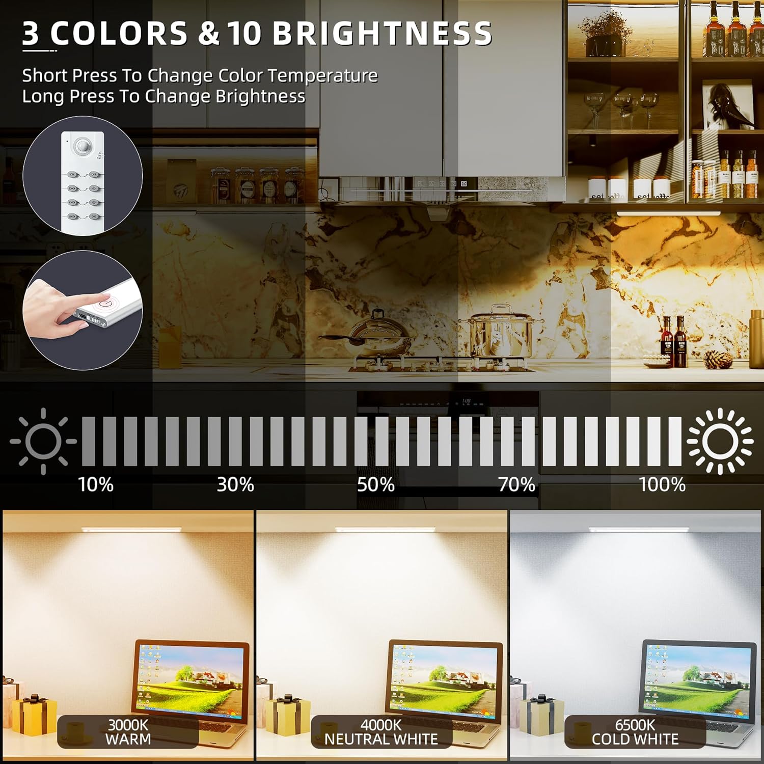 134 LED Under Cabinet Lights Wireless with Full Lighting,Rechargeable Closet Lights with Remote and Motion Sensor Indoor,Under Counter Light with CCT and Dimmable for Kitchen,Stair(3 Pack,15.7inch)