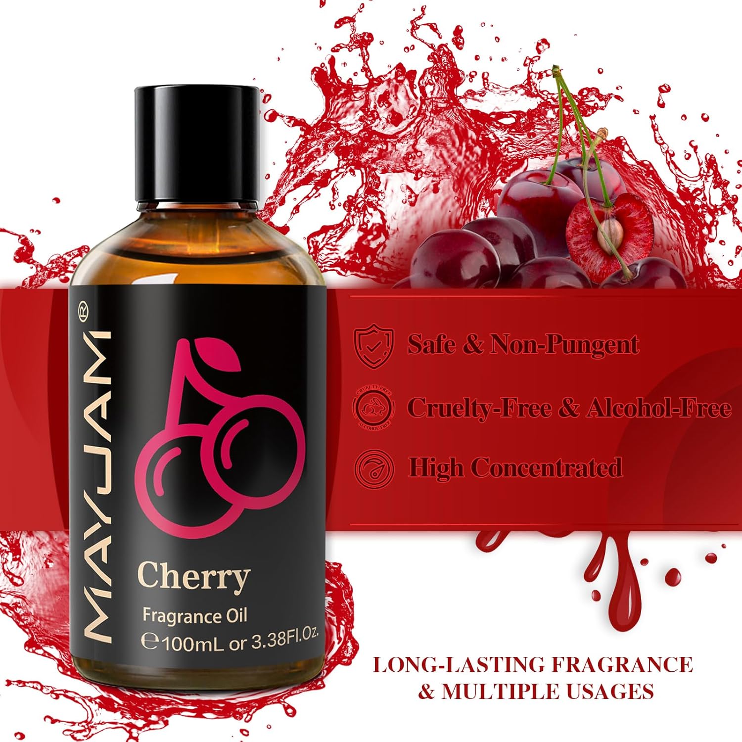 MAYJAM 100ML/3.38FL.OZ Cherry Fragrance Oils with Glass Dropper, Essential Oils for Diffusers for Home, Long Lasting Scented Oils for Diffusers Soap Candle Making