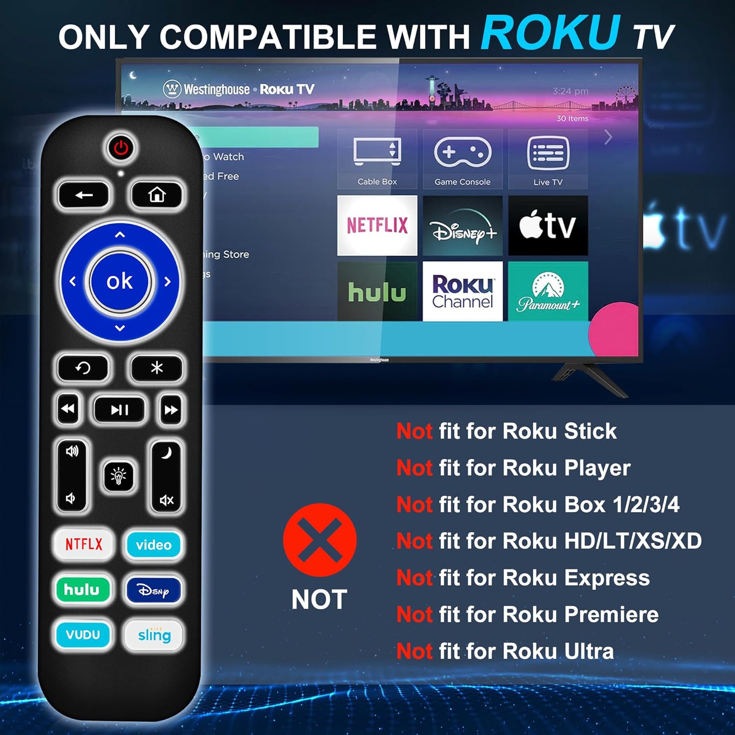 2 Pack Backlit Remote Control Only for Roku TV, Fit for TCL/Onn/Hisense/Element/Sharp/Philips/Westinghouse/Insignia/JVC/RCA/Hitachi/Sanyo Roku Series TVs (Not for Roku Stick and Box)-Black
