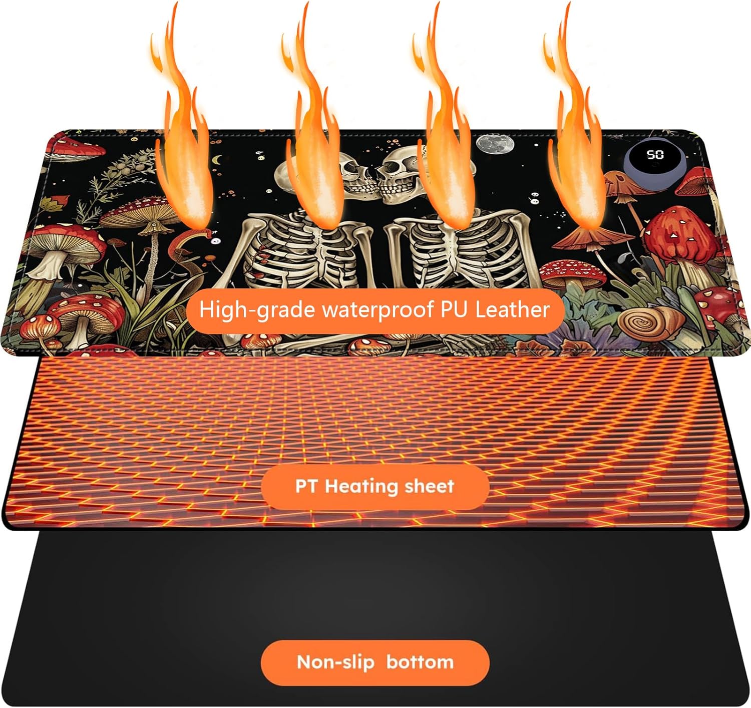 Heated Mouse Pad with 3 Levels Heated & 3 Hours Auto Shut-Off Mouse Pad for Warming Hands in Office Home, 23.6" x 14.2"Large Safe Desk Mat Hand Warmer，Kiss Skull