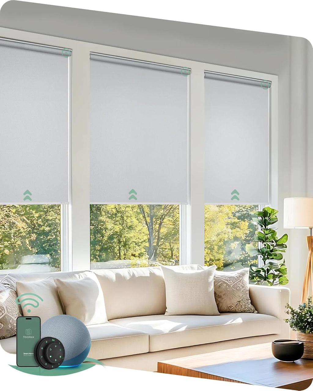 Yoolax Motorized Blinds with Remote, Blackout Smart Blinds for Windows Motorized Roller Shades, Automatic Window Shades Work with Alexa Custom Size (Blackout-Fabric Grayish White)
