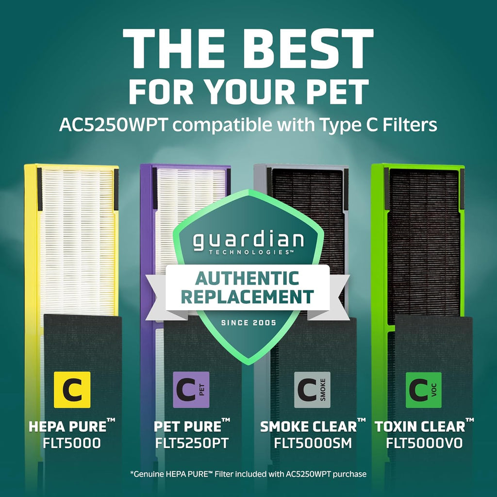 GermGuardian Air Purifier with Genuine HEPA 13 Pet Pure Filter, Removes 99.97% of Pollutants, Covers Large Rooms up to 915 Sq. ft. in 1 Hour, UV-C Light Helps Reduce Germs, 28", White, AC5250WPT