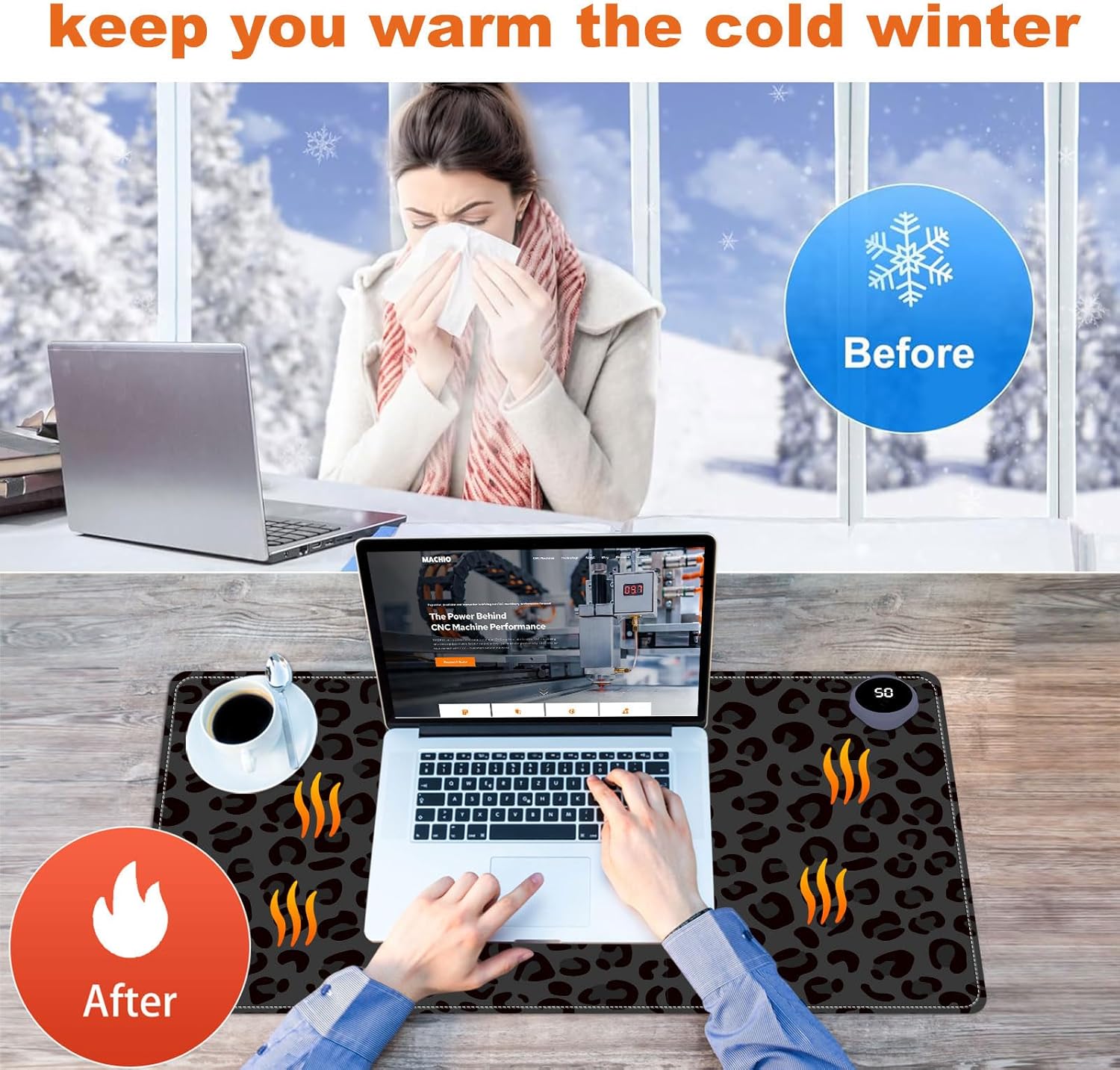 Small Heated Desk Pad 23.6" x 14.2" – Compact Electric Mouse Pad with 3 Heating Levels, Auto Shut-Off, Waterproof PU Surface, Plug-in Warmer for Office or Home Use, Dark Leopard Print