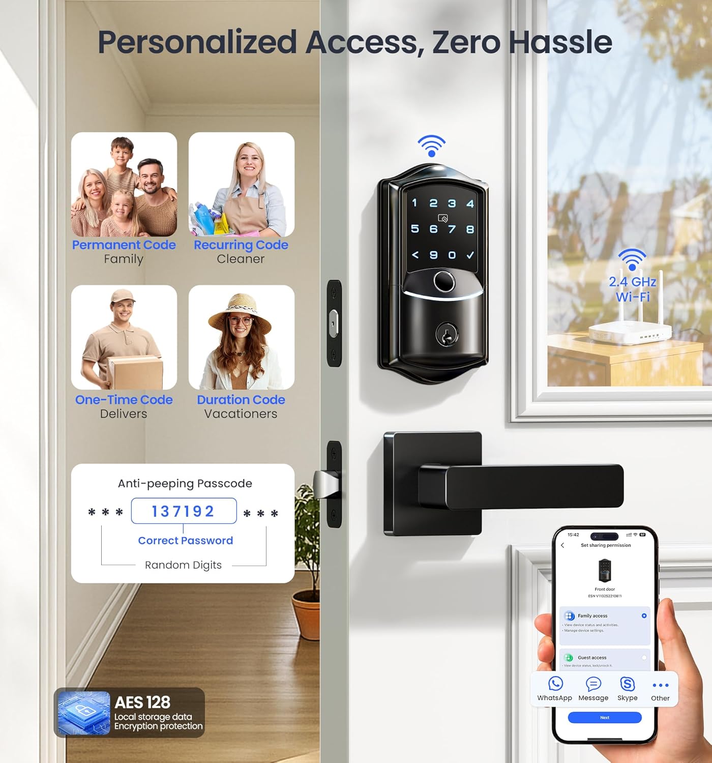 Veise VE027-L Built-in WiFi Smart Door Lock with Lever Handle Set, Fingerprint keyless Entry Door Lock, App Remote Control, Electronic Digital Keypad Deadbolt for Front Door, Auto Lock, Matte Black