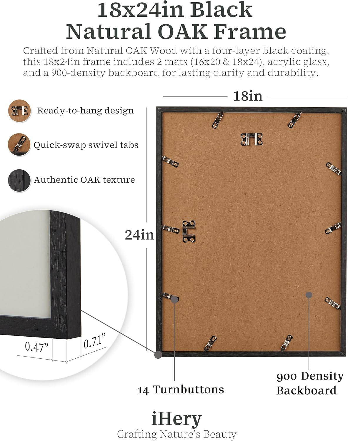iHery Standard 18x24in Premium Truly Natural OAK Wood Black Color Picture Frame with 2 Mats (16x20,18x24), Acrylic Glass Thickened Backboard, Minimalist Photo Frames Narrow Border Set of 1
