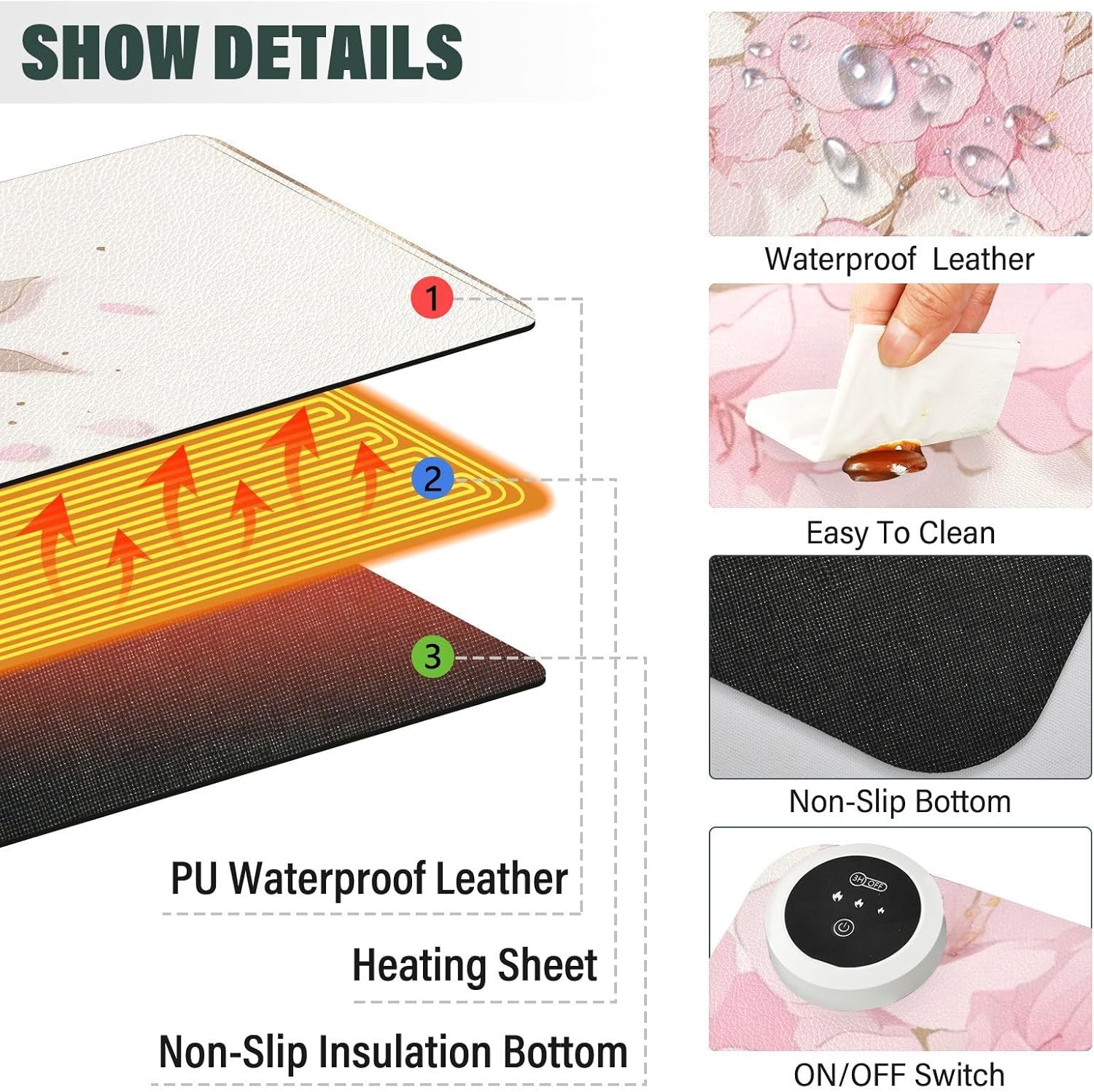 Large Heated Mouse Pad,Leather Desk Mat,31.5"x13",Hand Warmer Pads for Desk,Sakura（Pink White）