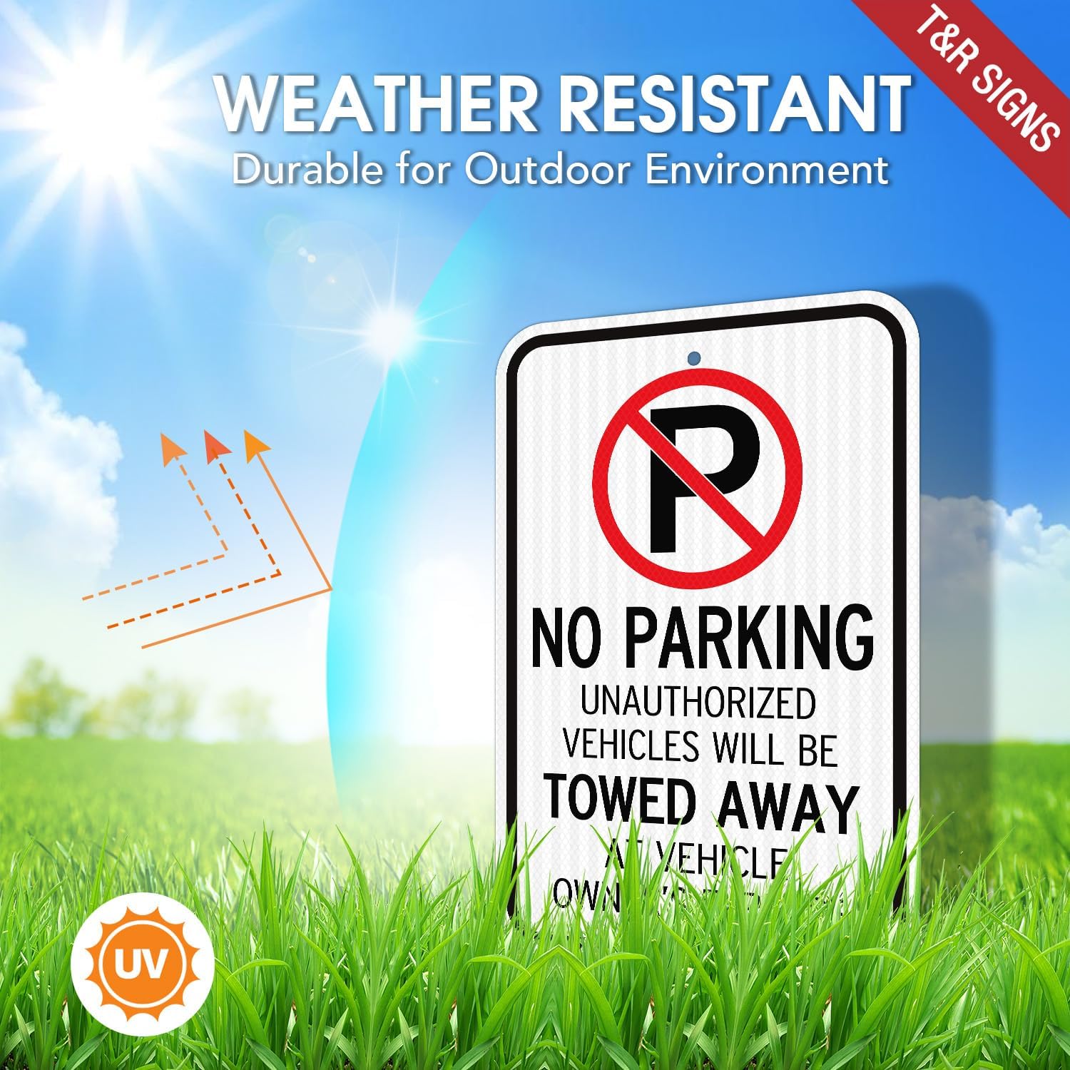 T&R Large No Parking Sign Will Be Towed Away Sign, 18" x 12" Engineer Grade Reflective Sheeting, Rust Free Aluminum, Weather Resistant, Waterproof, Fade Resistant, 2 Pre-drilled Holes