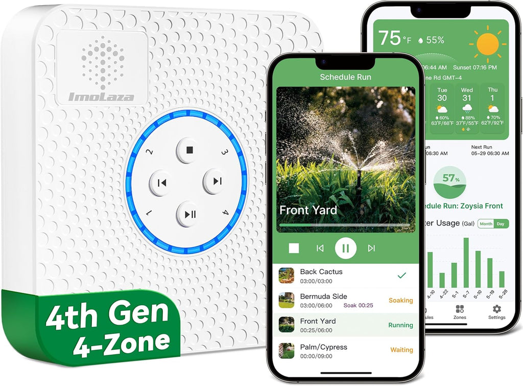 ImoLaza ET Master 4th Gen Smart Sprinkler Controller: Upgraded 4-Zone WiFi Irrigation Controller with Automated Watering, App Control, Smart Weather Skips and Fault Alerts
