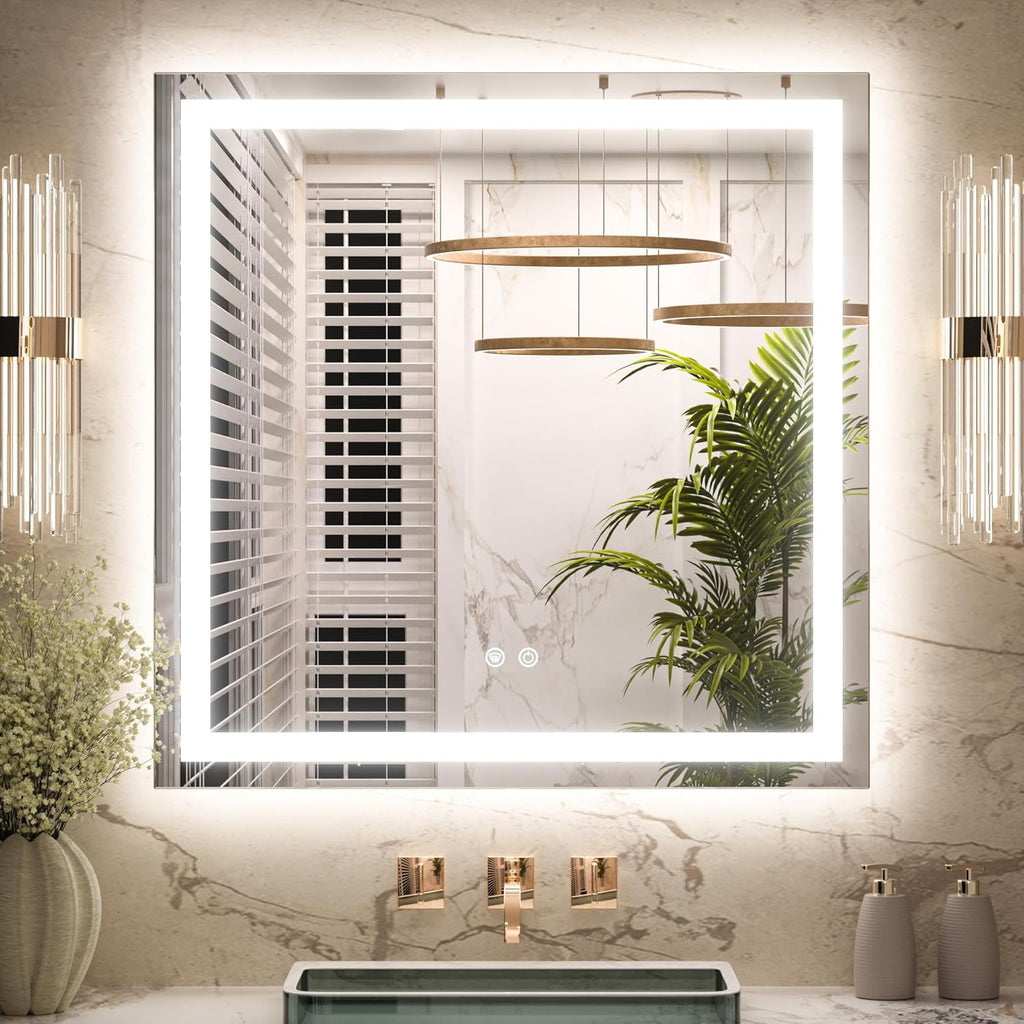 Keonjinn LED Bathroom Mirror 30 ” x 30 ” with Frontlit & Backlit, Lighted Mirror for Bathroom Wall with Dimmable 3-Color Lights, Anti-Fog Mirror with HD Tempered Glass, UL-Listed LED Driver