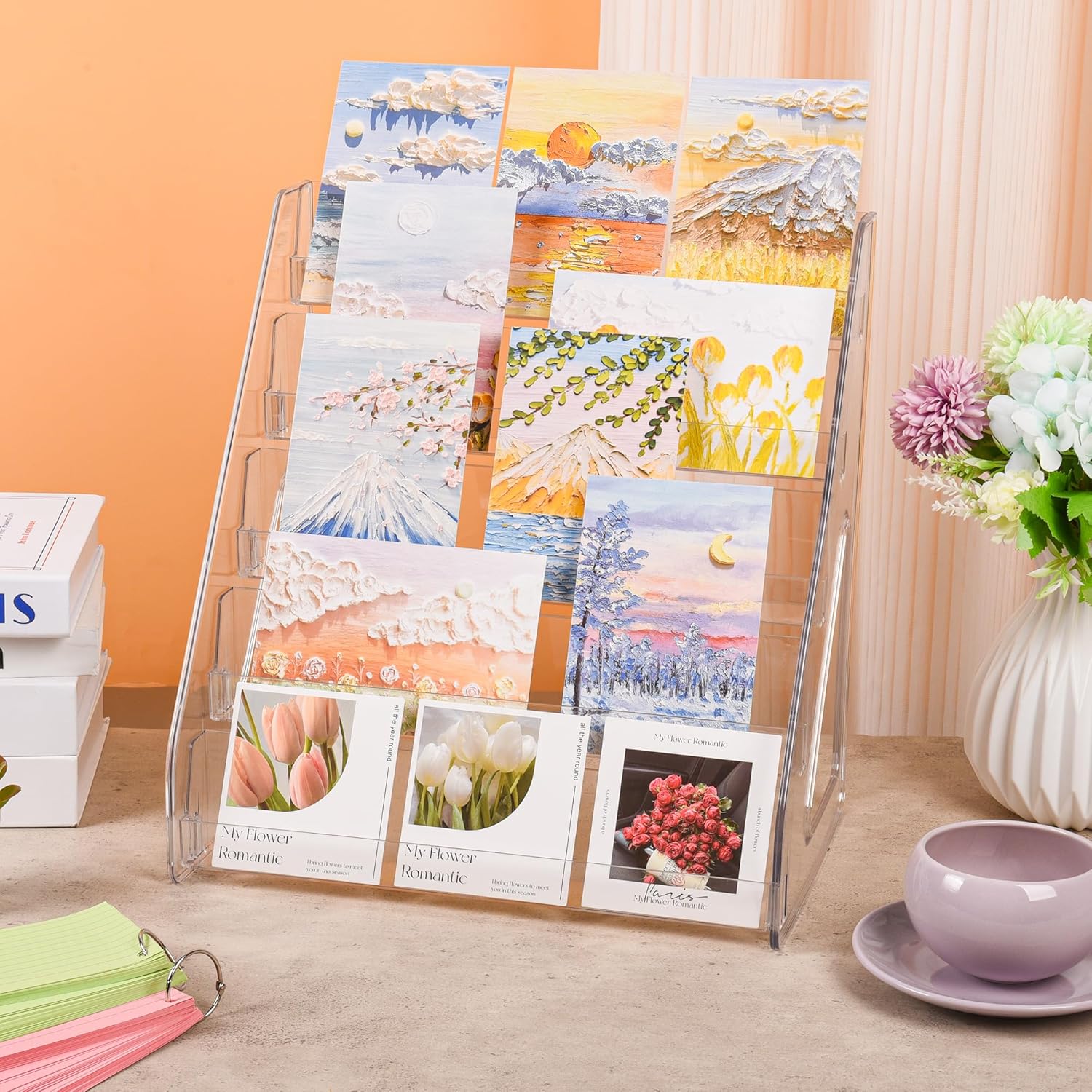 Elevated 5 Tier Clear Acrylic Card Display Stand for Trading Cards, Sports Cards, Greeting Cards, Stickers – Slanted Holder for PSA Slabs, Vendors, Collectors & Retail (5 Tier 1 Pack)