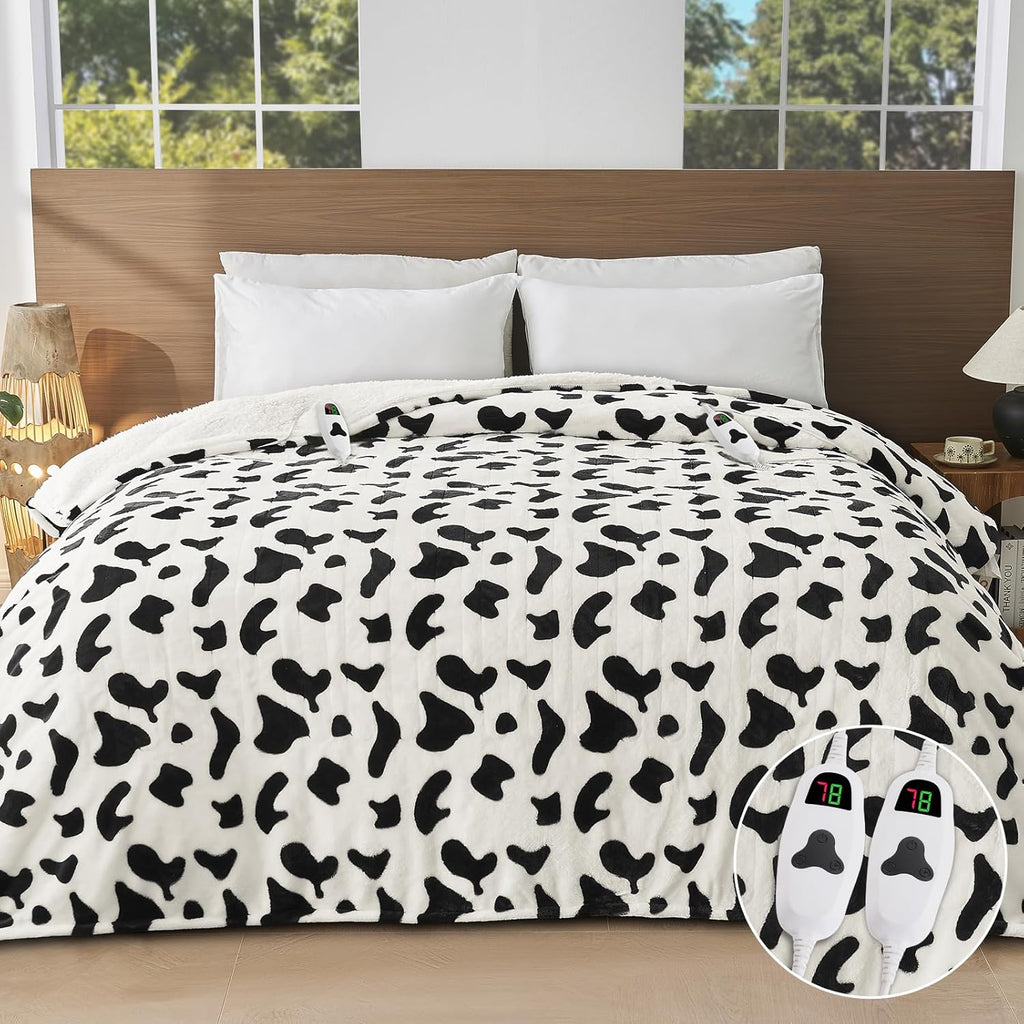 Cow Print Electric Heated Blanket Queen Size,84X90 Black Heating Blanket Queen with Dual Control&Timer&10 Heat Levels,Cute Cow Decor Sherpa Blankets Warmer Gifts for Bed Women Adults