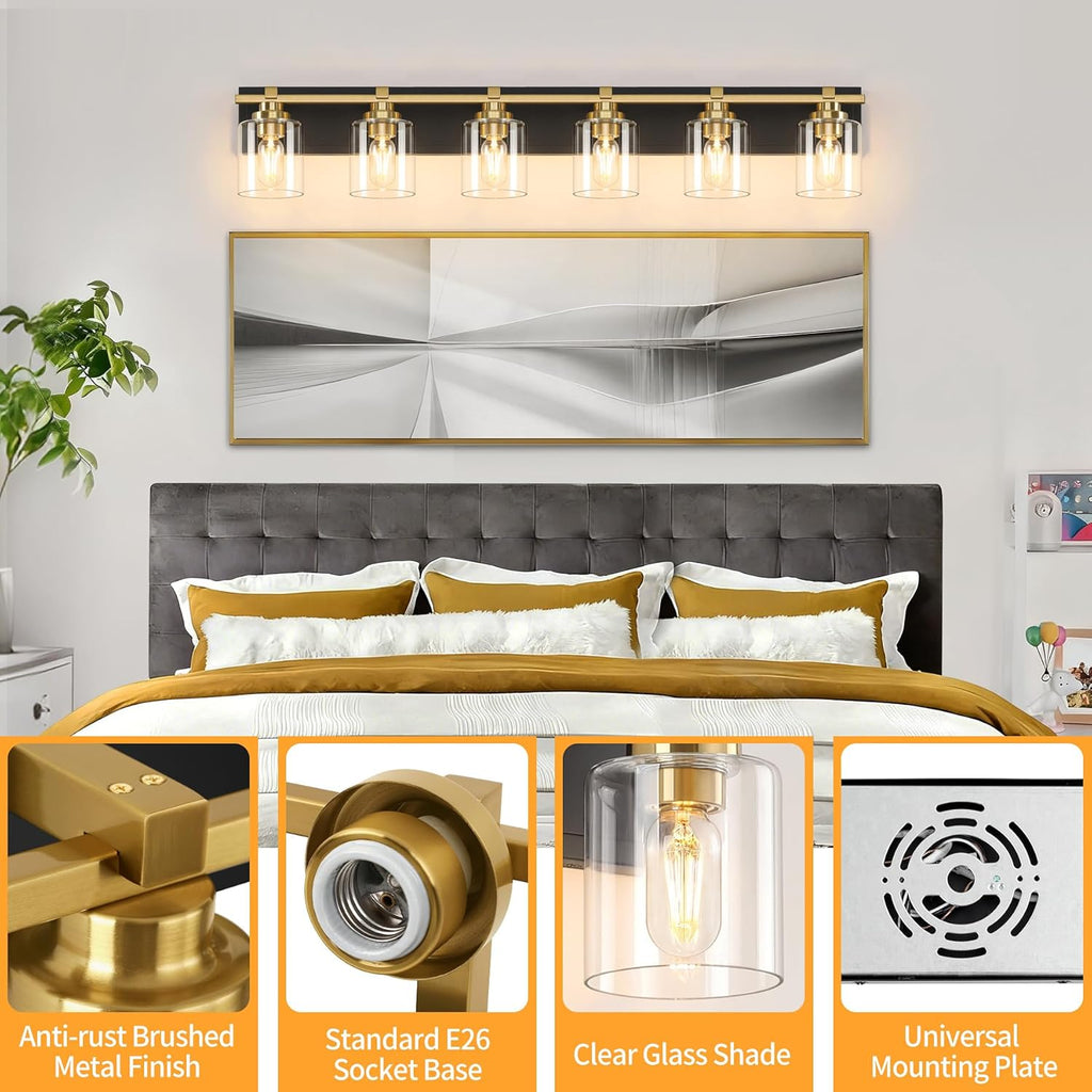 6 Light Modern Bathroom Light Fixtures Over Mirror, Black Gold Vanity Lights for Bathroom Wall Sconces with Clear Glass Shades, E26 Socket (Bulbs Not Included)