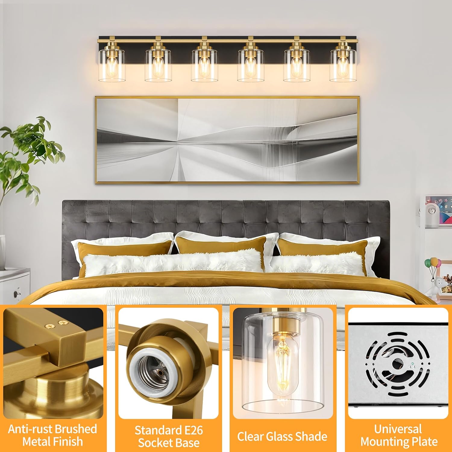6 Light Modern Bathroom Light Fixtures Over Mirror, Black Gold Vanity Lights for Bathroom Wall Sconces with Clear Glass Shades, E26 Socket (Bulbs Not Included)
