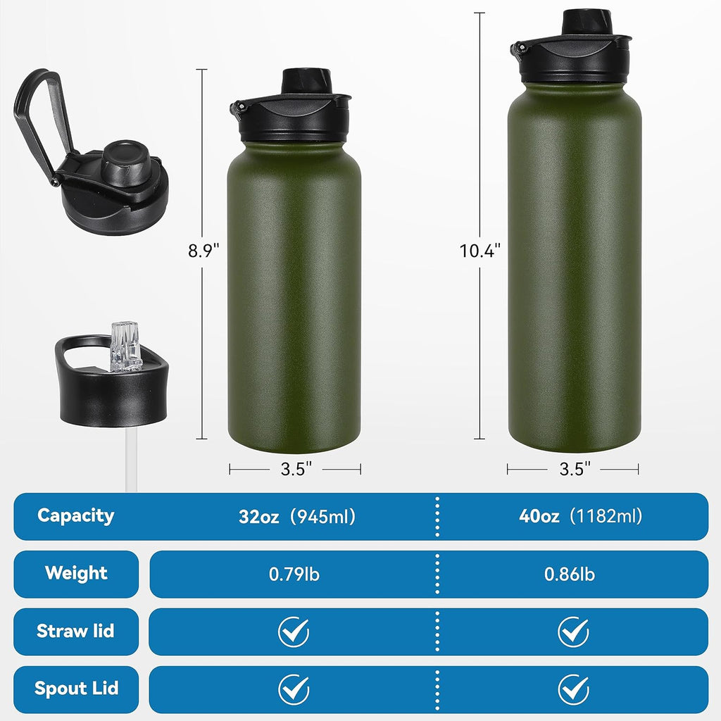 VEGOND 40 oz Insulated Water Bottle Bulk Stainless Steel Metal Water Bottles with Leak Proof Straw Lid & Spout Lid, Wide Mouth Double Walled Vacuum Travel Sports Bottle, 4 Pack