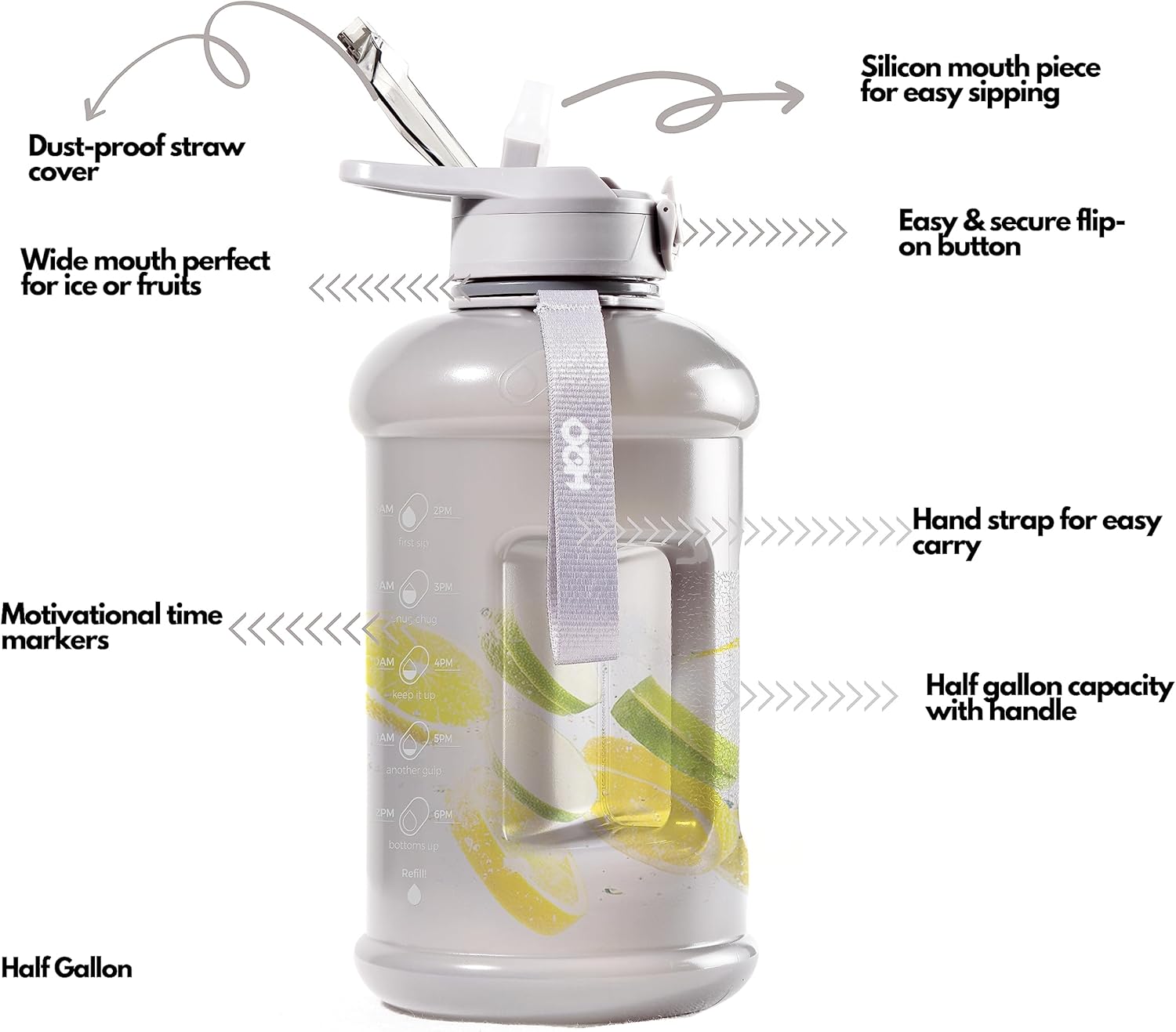 H2O Capsule INSPO Half Gallon Water Bottle with Time Marker and Straw Motivational Hydration Tracker Jug Big BPA-Free Food-Safe Leakproof Drinking Bottle Handle & Strap, Ash Gray