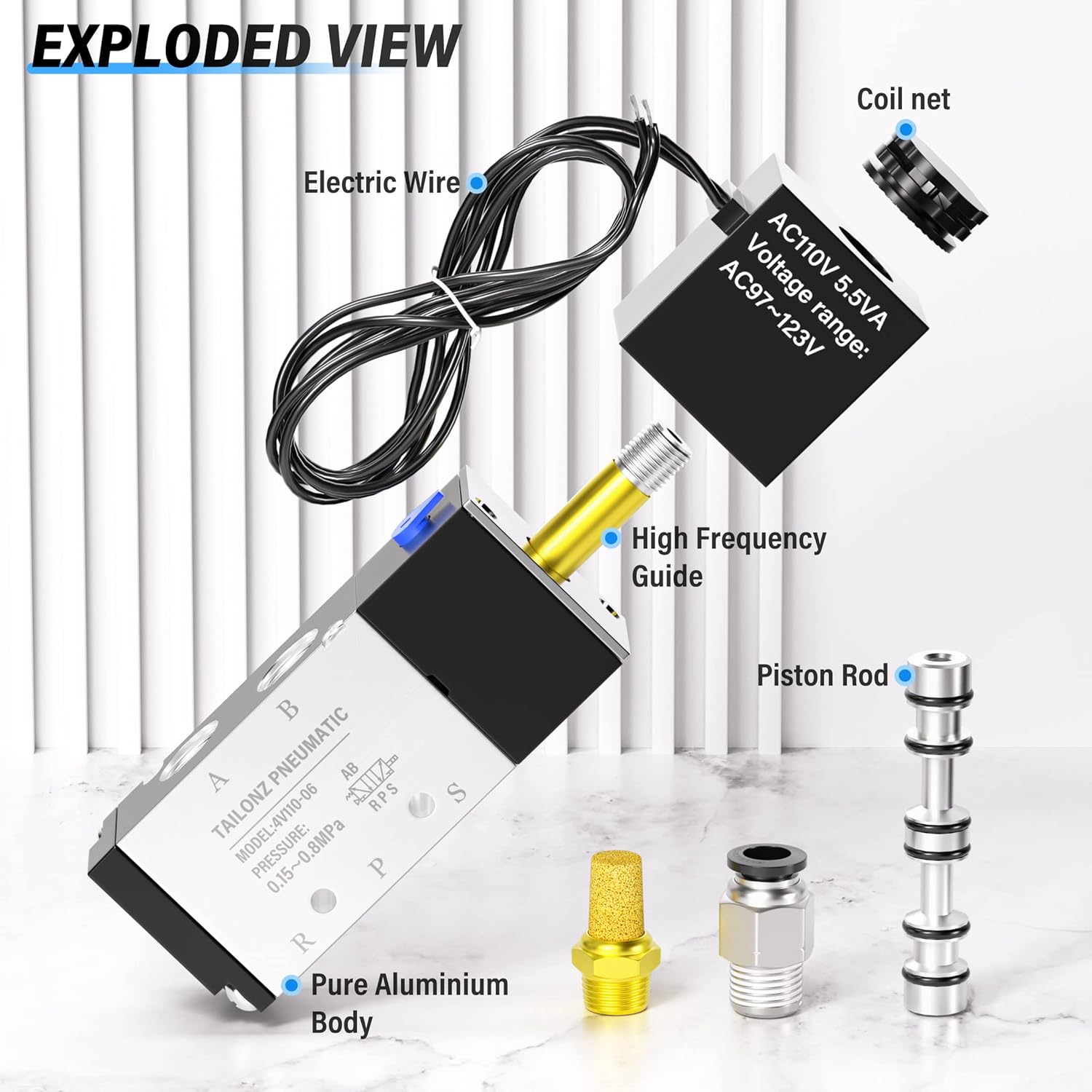 TAILONZ PNEUMATIC 1/8"NPT Solenoid Valve 4V110-06 AC110V Single Coil Pilot-Operated Electric 2 Position 5 Way Connection Type Outlet wire