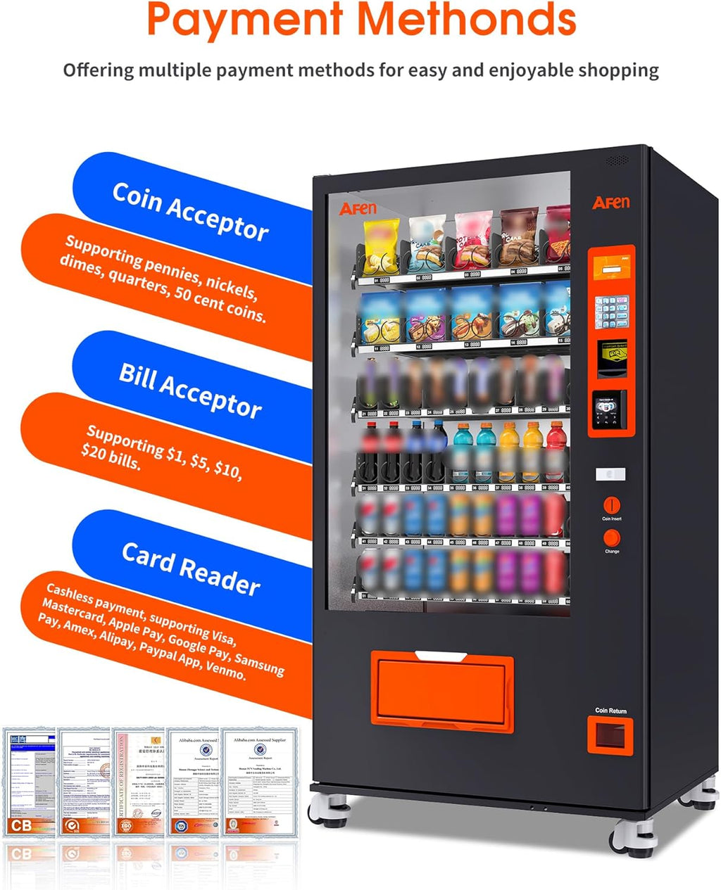 Afen Commercial Vending Machine with Card Reader, 60 Slot Refrigerated Snack & Drink Combo Vending Machine for Business Factory Supplier, Cashless Only