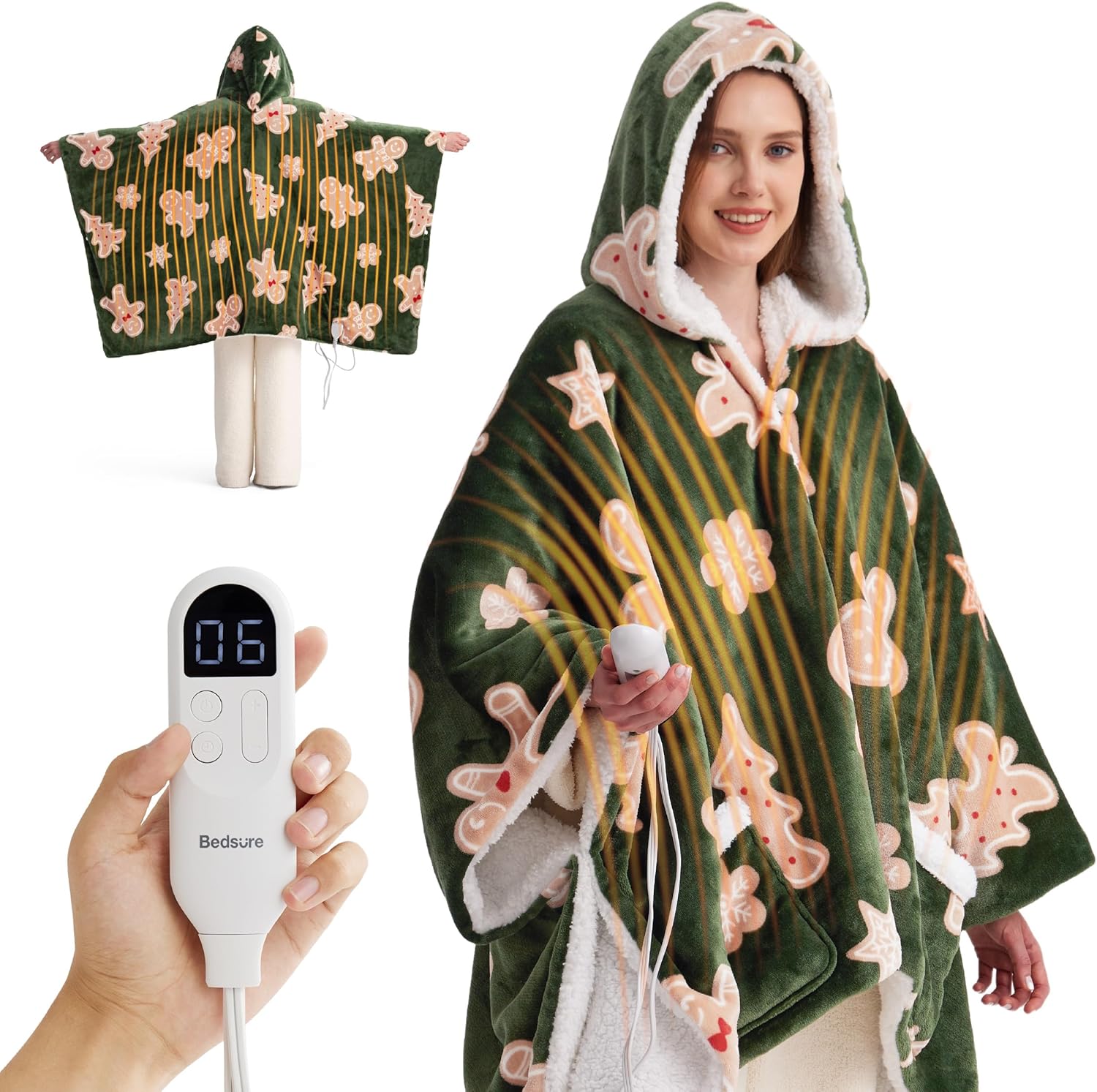 Bedsure Heated Blanket Wearable Shawl - Electric Wrap Poncho Blanket Hoodie Adult as Christmas Winter Gifts for Women, Warm Sherpa Heating Throw,Auto Shut Off, 55x64 in, Green Gingerbread Man Pattern
