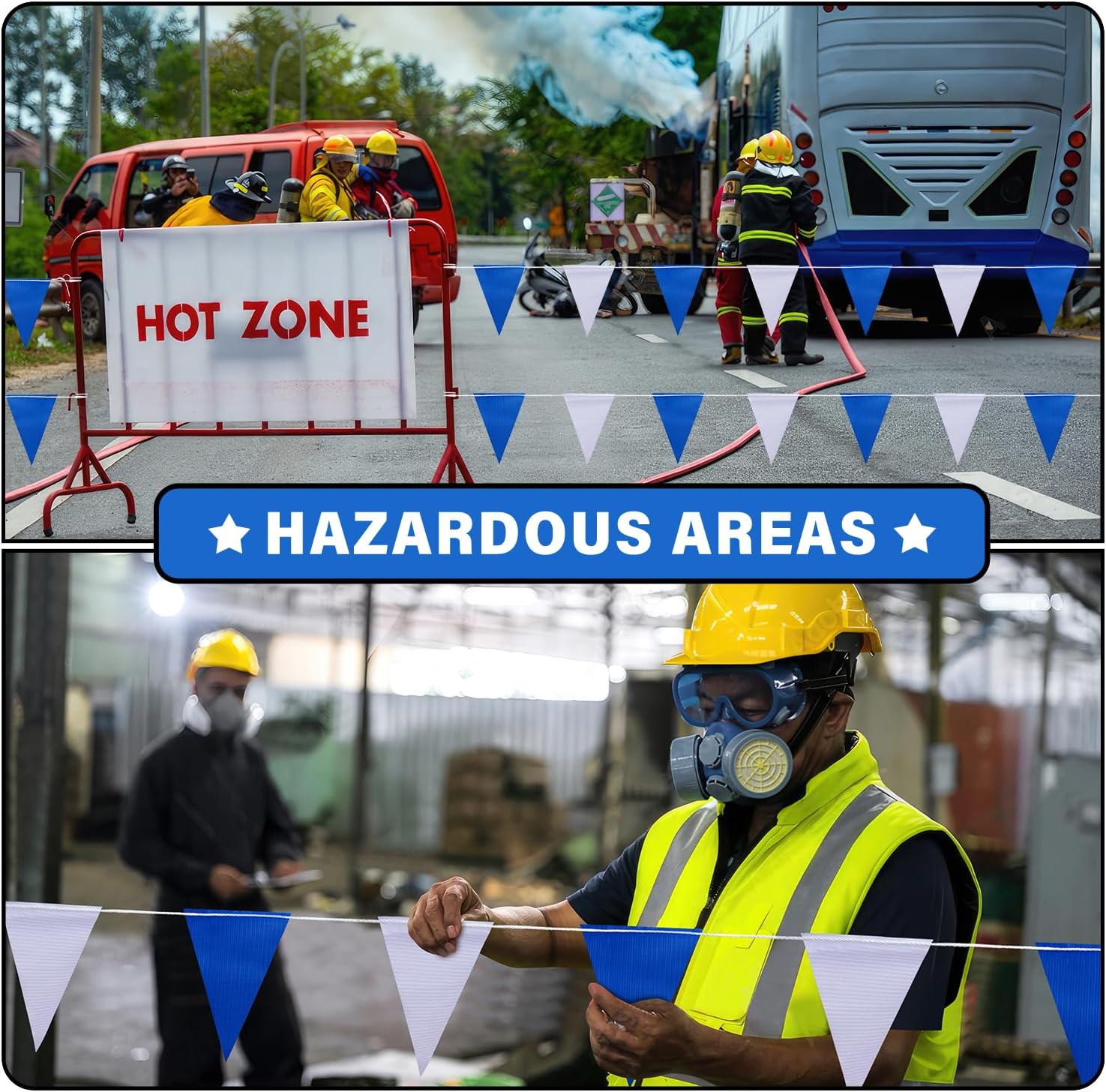 105ft Blue and White Pennant Banner Flag, 7"x10" Fluorescent Safety Flagging Banner Warning Flag for Construction Site/Boundary Barrier Signs, Perimeter Marking Flags on String, 45 Flags