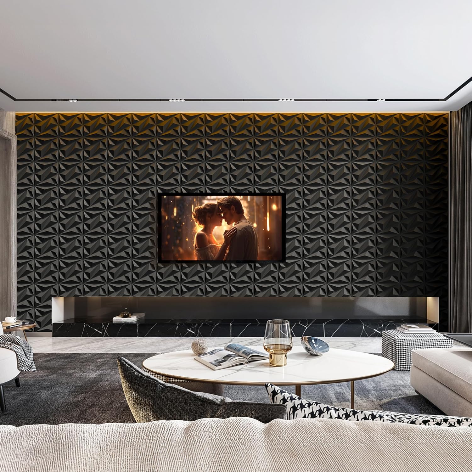 INMOZATA 3D Wall Panels for Interior Wall Decor, 33 Pack 12 x 12 Inch Decorative Wall Panels Diamond 3D Textured Accent Panel for TV, Gaming Living Room, Bedroom Background(Black)