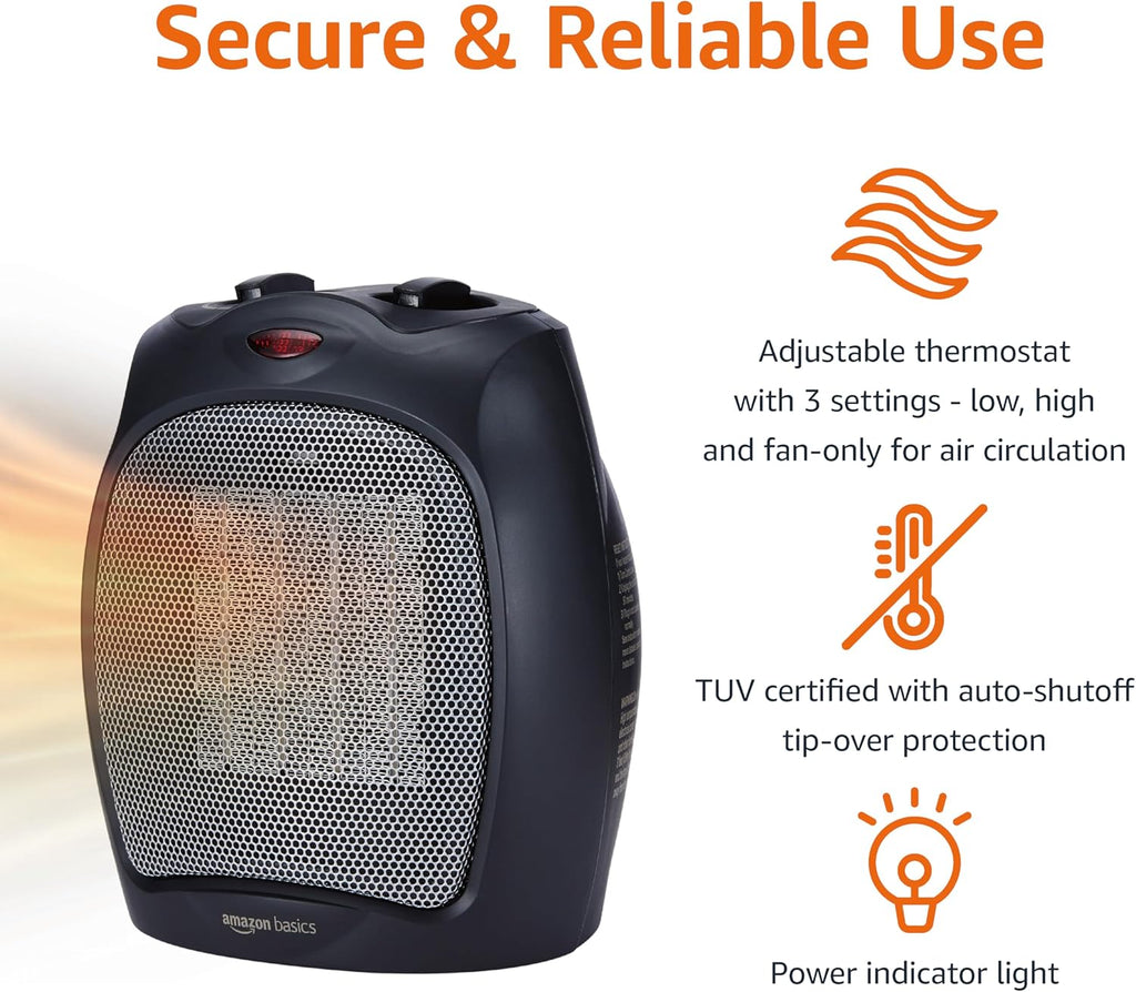 Amazon Basics Ceramic Space Heater, Portable Indoor Heating Solution, With Overheat and Tip-Over Protection, Thermostat, Non-Oscillating, 1500W, 7.52"D x 6.34"W x 9.45"H, Black