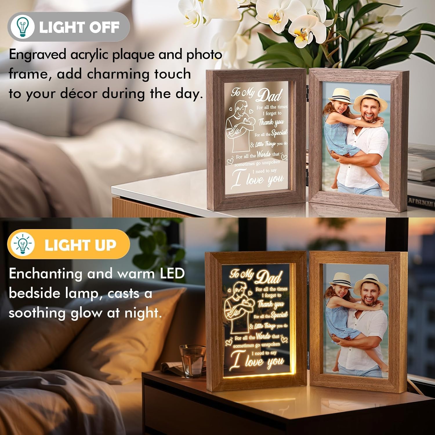 Tiblue Christmas Gifts for Dad from Daughter Son Kids Wife, Gifts for Daddy Who Wants Nothing Best Dad Gift - Night Light with Father Picture Frame for 5x7 Photos New Daddy Bonus Step Father Gift