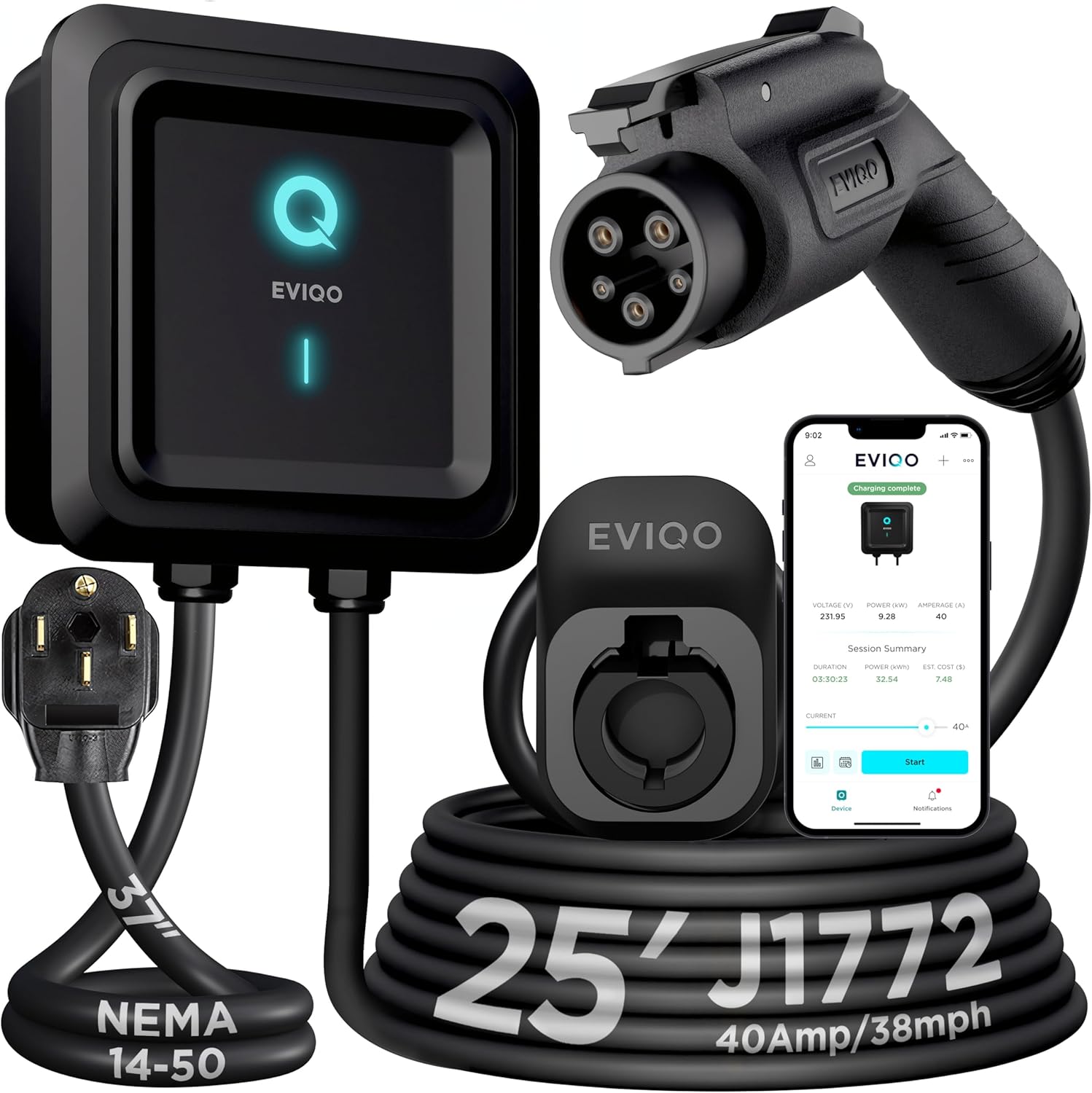 EVIQO Level 2 EV Charger 40 Amp - 9.6 kW 240V Wall Home EV Charger Level 2, NEMA 14-50 Plug, J1772 25' Cable - Enhanced Wi-Fi – UL, ETL Certified EVSE, Smart Electric Vehicle Charging Stations – GEN 2