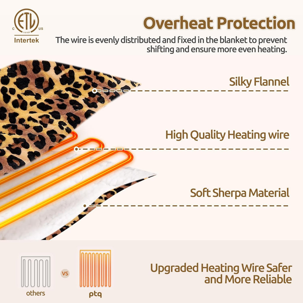 Heated Throw Blanket 50"x60", Electric Blanket with 6 Heat Settings & 1-12H Timer, Cozy Soft Flannel Sherpa, Machine Washable, Warm Gift for Women, Leopard