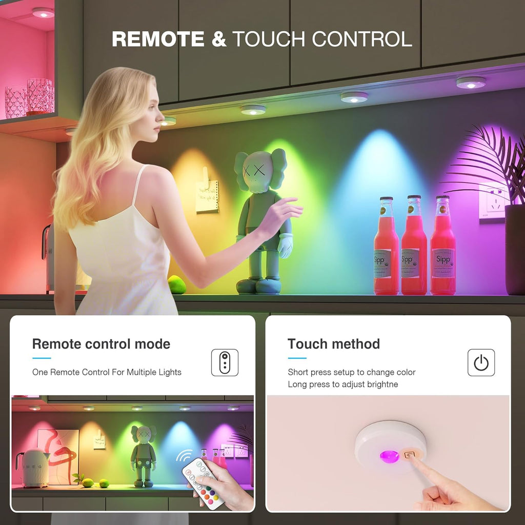 RGB Puck Lights with Remote Control, 2000mAh Battery Operated Tap Lights Rechargeable, 9 Colors & 2 Dynamic Changing Under Cabinet Lighting, Magnetic Stick on Light for Closet(White, 5 Pack)