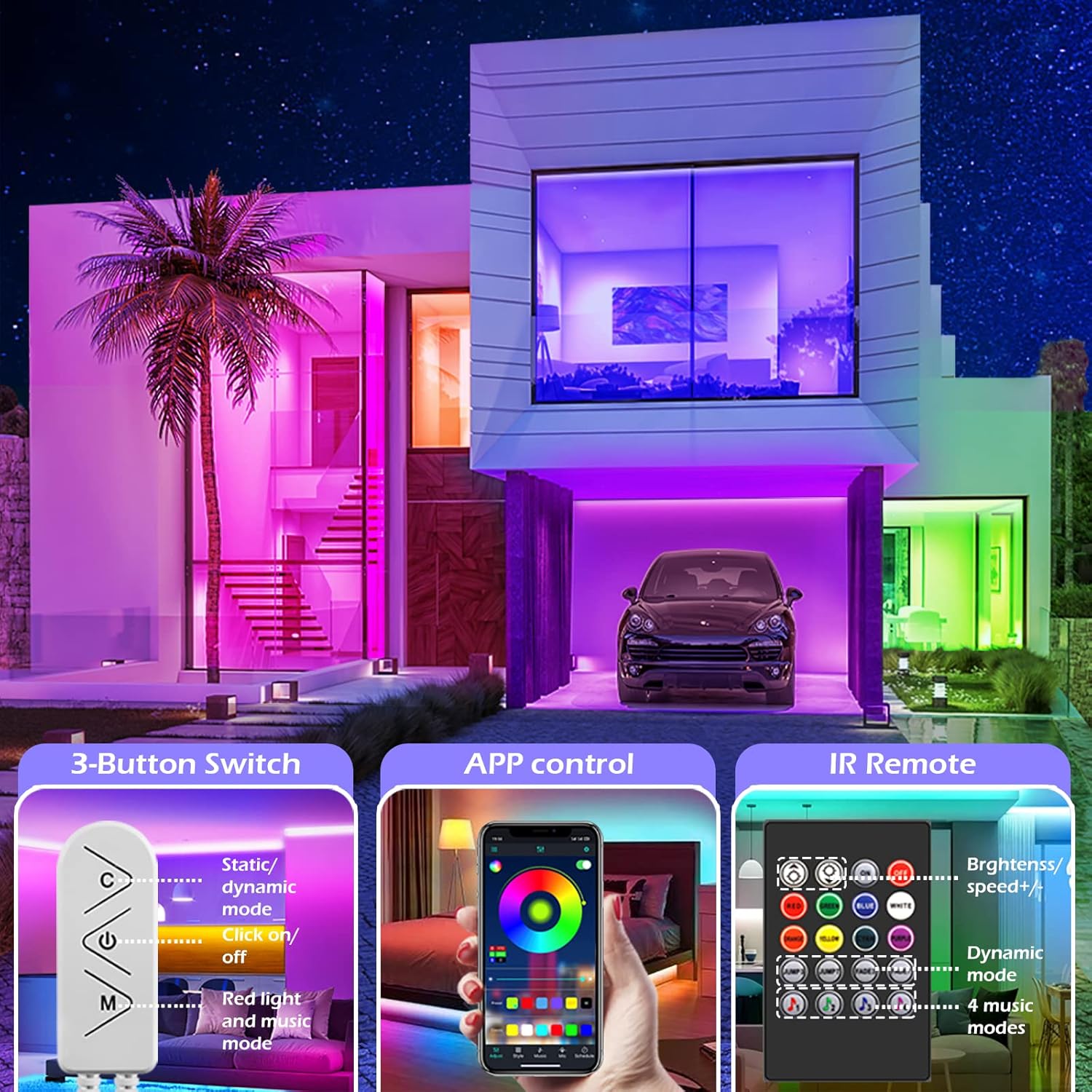 Led Strip Lights, 300ft/90m Long Smart Led Light Strips Music Sync 5050 RGB Color Changing Rope Lights,Bluetooth APP/IR Remote/Switch Box Control Led Lights for Bedroom,Home Decoration,Party,Festival