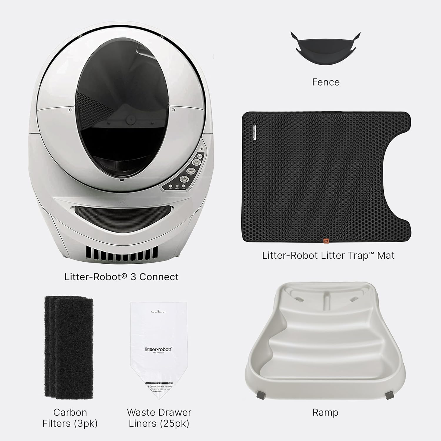 Litter-Robot 3 Connect Core Bundle by Whisker, Beige - Includes Automatic, Self-Cleaning Litter Box, LitterTrap Mat, Fence, Ramp, 25 Liners, 3 Carbon Filters & WhiskerCare 1-Year Warranty
