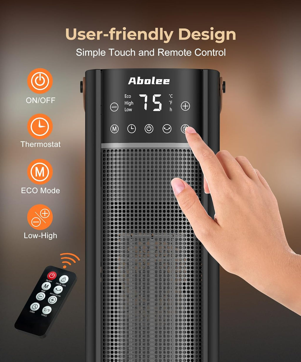 Space Heaters Indoor Use, 26" 12ft/s Electric Heater with Remote, 1500W Electric Heaters with 75°Oscillation, 1-12H Timer, PTC Electric Heater for Large Room, Bedroom Home Office1