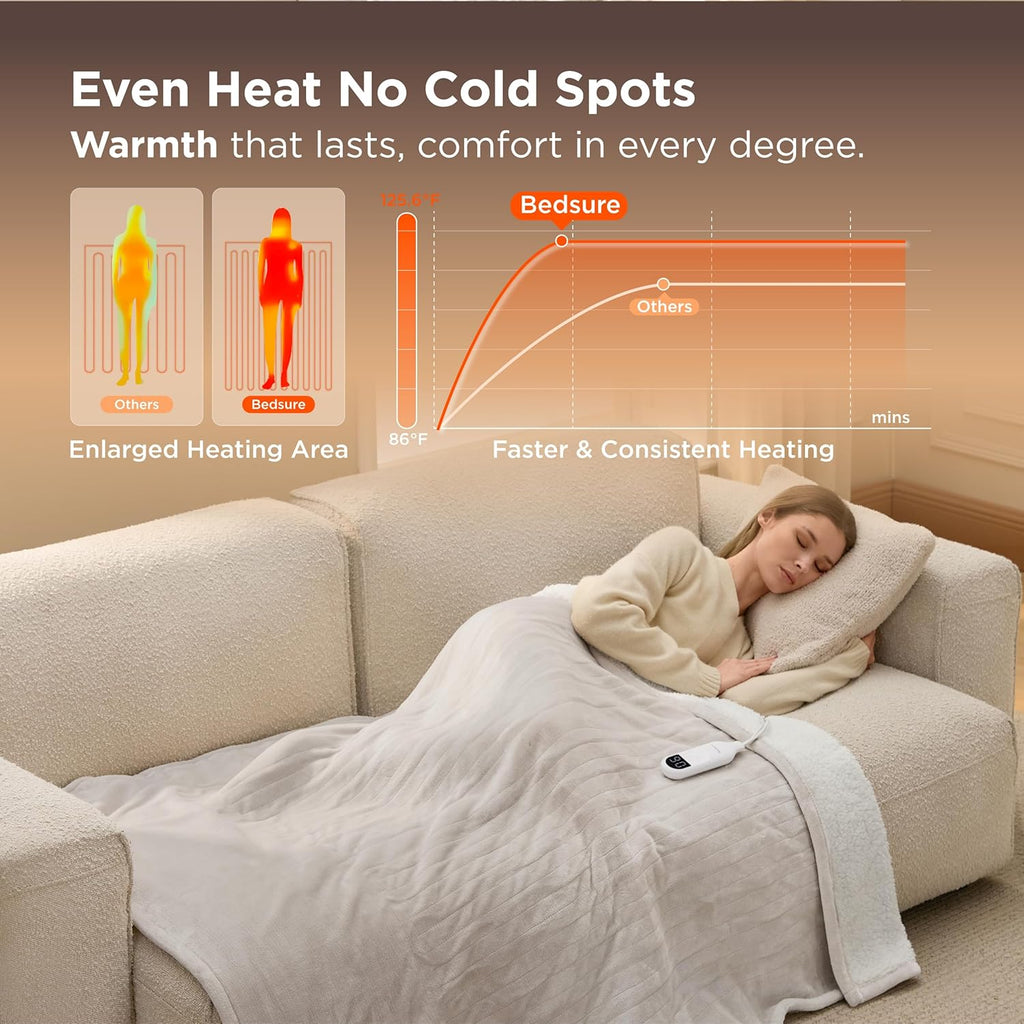 Bedsure Heated Blanket Throw Blanket - Fast Heating Electric Blanket, Soft Flannel Heated Throw with 4 Time Settings, 6 Heating Settings, Warm Gifts for Grandma (50x60 inches, Cream)