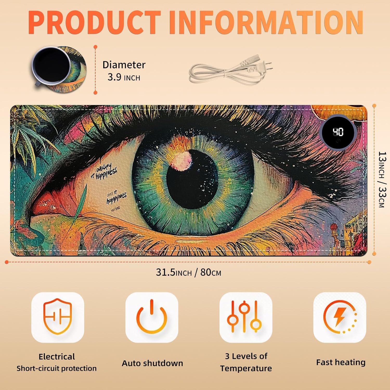 Heated Mouse Pad 31.5x13 in 3-Temp Fast Heating Desk Mat with Auto Timer Warmer for Hands Wrist Pain Relief Waterproof Keyboard Mat for Office, Gaming, Home, Colorful Eye Art
