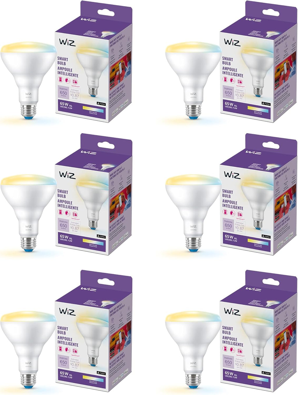 WiZ 65W BR30 Tunable White LED Smart Bulb - Pack of 6 - E26- Indoor - Connects to Your Existing Wi-Fi - Control with Voice or App + Activate with Motion - Matter Compatible