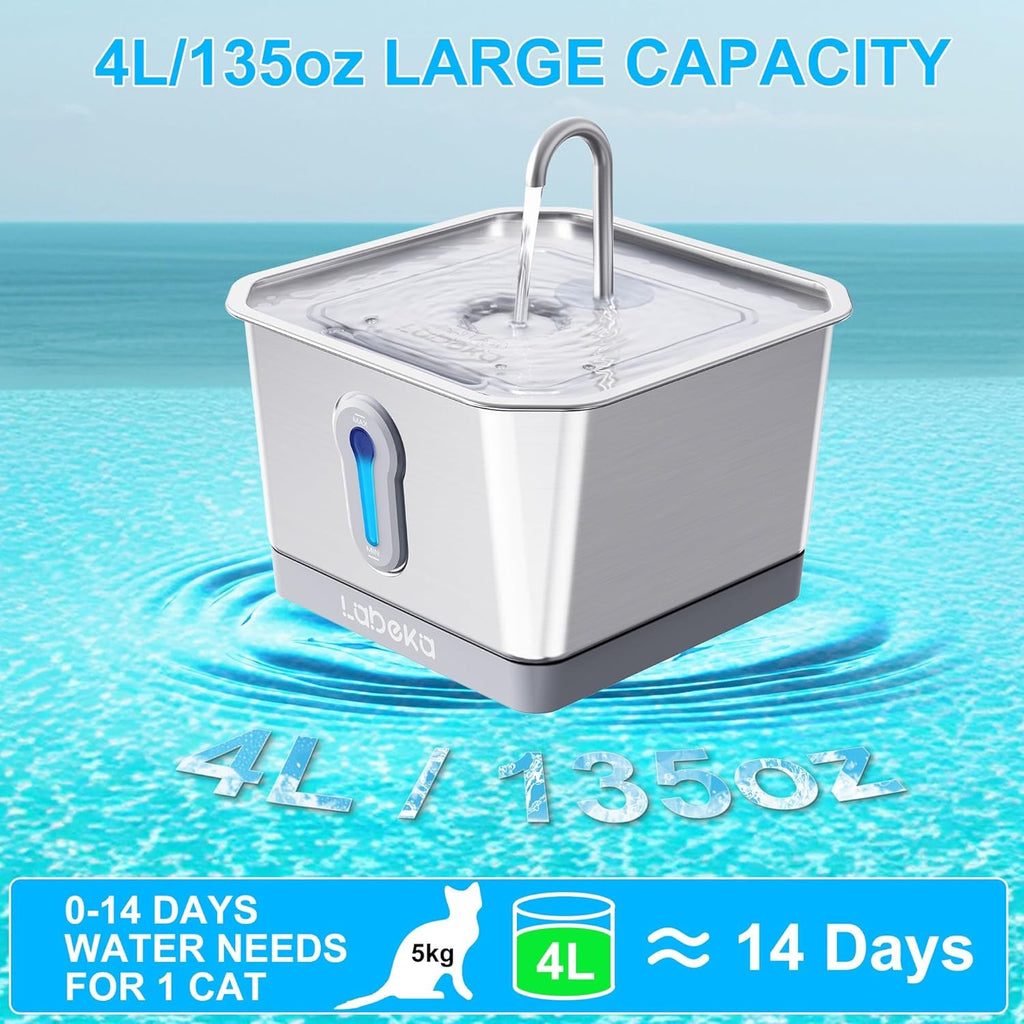 Stainless Steel Cat Water Fountain 135oz/4L:Battery Operated Wireless Cat Fountains for Drinking Indoor, Automatic Pet Water Dispenser with Ultra Quiet Pump,Multi-Filtration(2Filters)