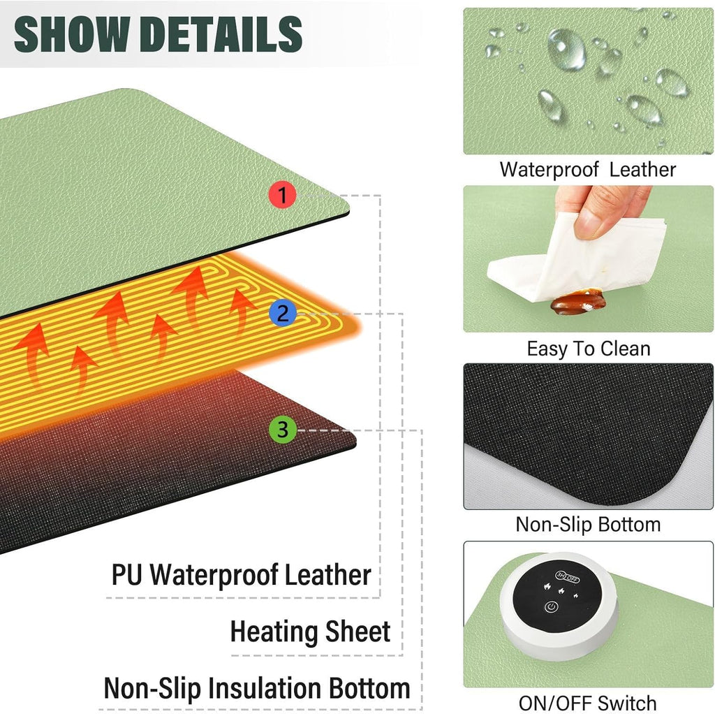 Green Heated Desk Pad Mouse Pad 31.5x13 Inch PU Leather Desk Mat with 3 Heat Levels Large Mouse Gaming Computer Laptop Mat
