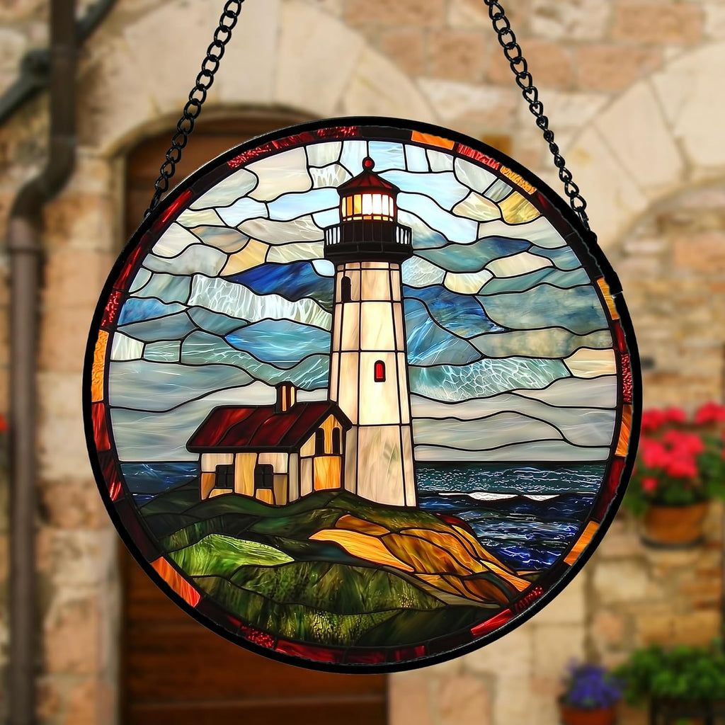 Stained Glass Window Hanging, Ocean Lighthouse Sun Catchers Glass Panel Blue Green Suncatcher Decor for Birthday for Women, Men, Wife, Aunt, and Mom 9.8 in