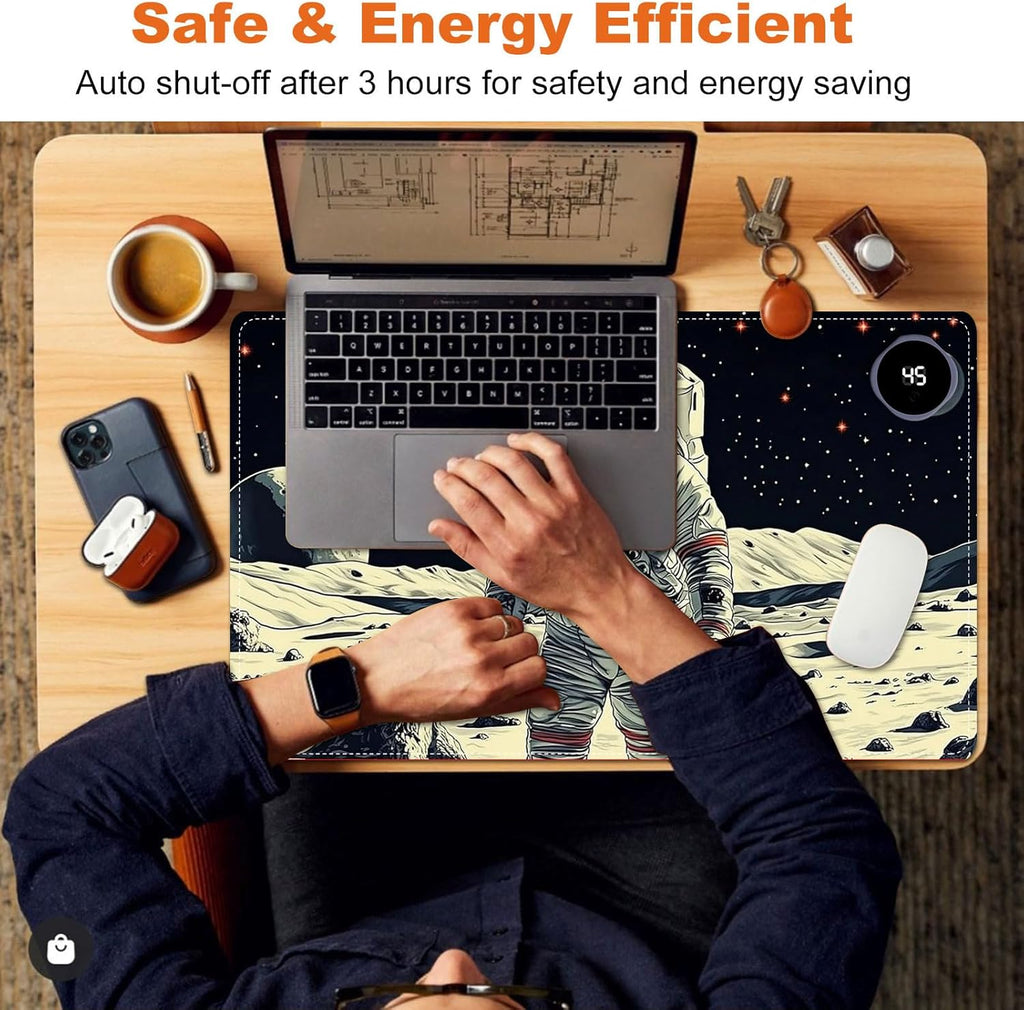 Small Heated Desk Pad 23.6" x 14.2" – Compact Electric Mouse Pad with 3 Heating Levels, Auto Shut-Off, Waterproof PU Surface, Plug-in Warmer for Office or Home Use, Astronaut on Moon