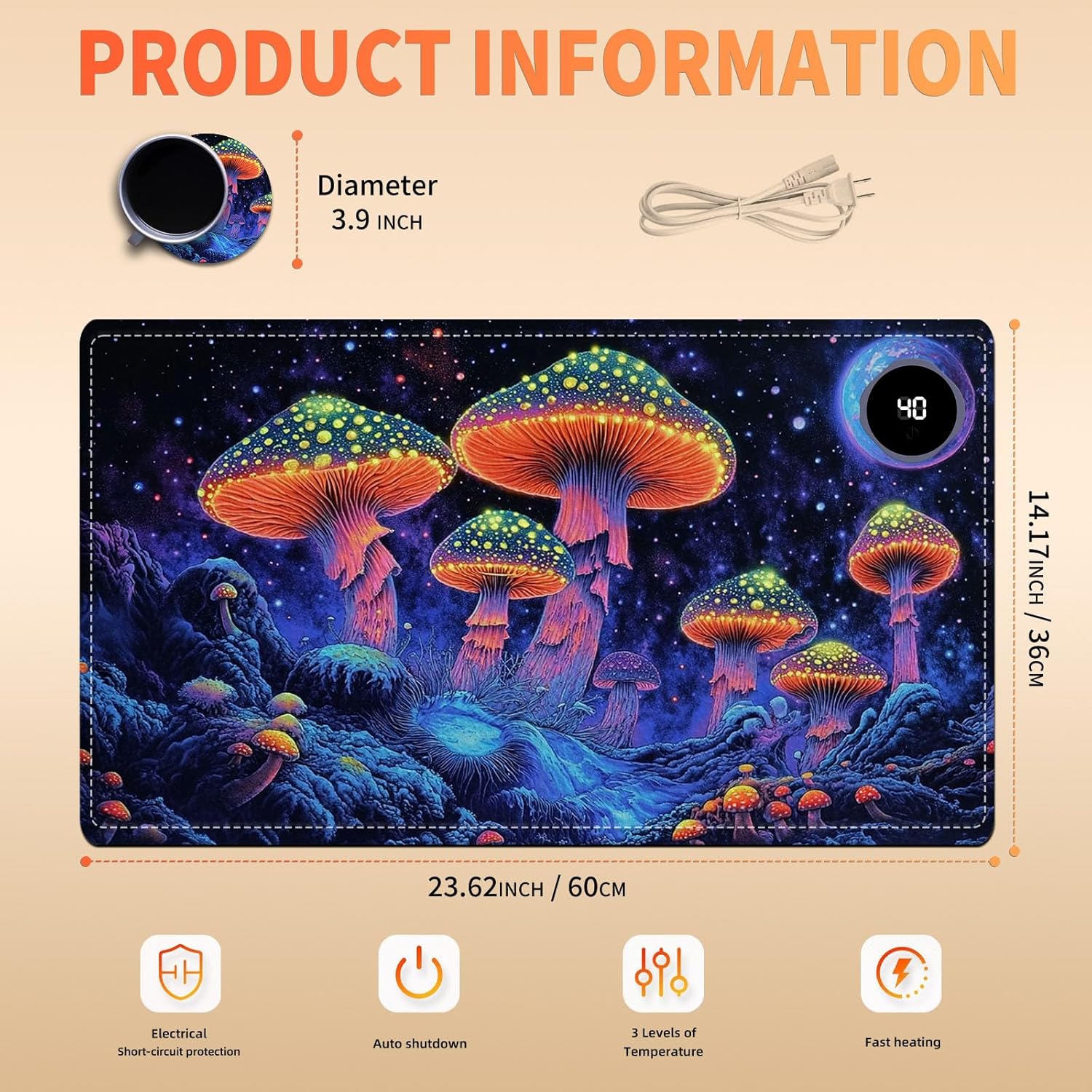 Heated Mouse Pad 23.6 x 14 in 3-Temp Fast Heating Desk Mat with Auto Timer Warmer for Hands Wrist Pain Relief Waterproof Keyboard Mat for Office, Gaming, Home, Mushroom Galaxy Art