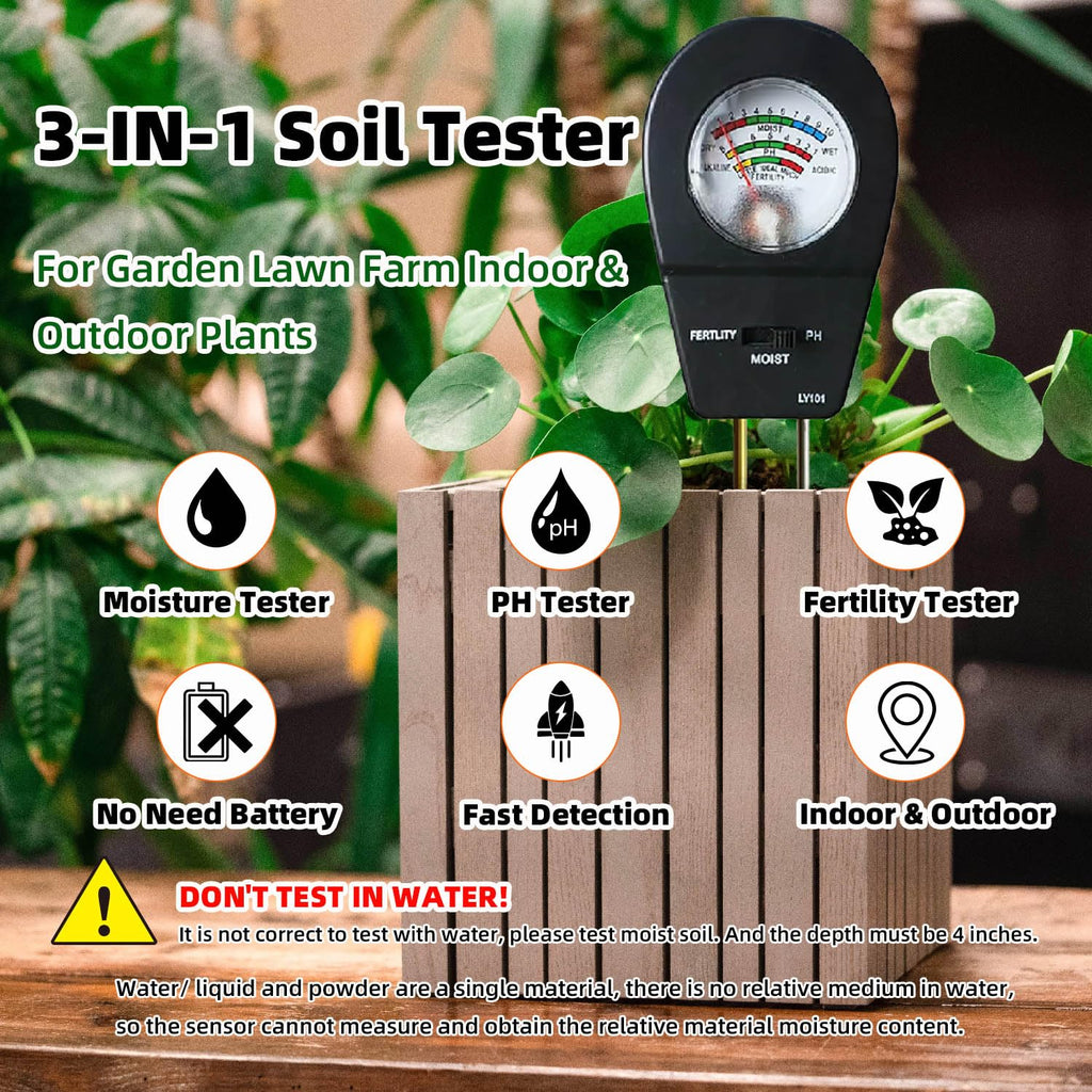 3-in-1 Soil Moisture Meter pH & Fertility Tester, No Battery Needed Plant Soil Test Kit for Houseplants, Garden, Lawn & Farm, Plug-and-Read Soil Acidity Meter for Indoor Outdoor Potted Plants (Black)