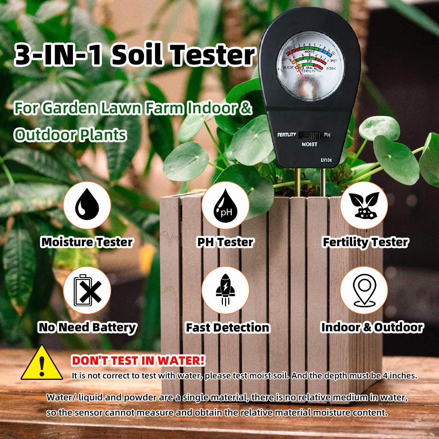 3-in-1 Soil Moisture Meter pH & Fertility Tester, No Battery Needed Plant Soil Test Kit for Houseplants, Garden, Lawn & Farm, Plug-and-Read Soil Acidity Meter for Indoor Outdoor Potted Plants (Black)