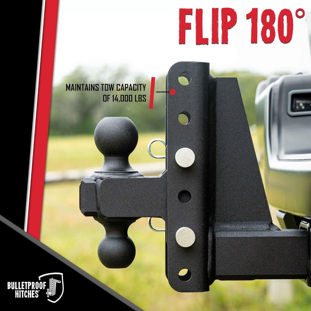 BulletProof Hitches - 2.0" Adjustable Medium Duty Trailer Hitch (14,000 lb. Rating) - 6" Drop/Rise Trailer Hitch with 2" & 2-5/16" Dual Ball - Powder Coat, Box Steel, Corrosion-Resistant